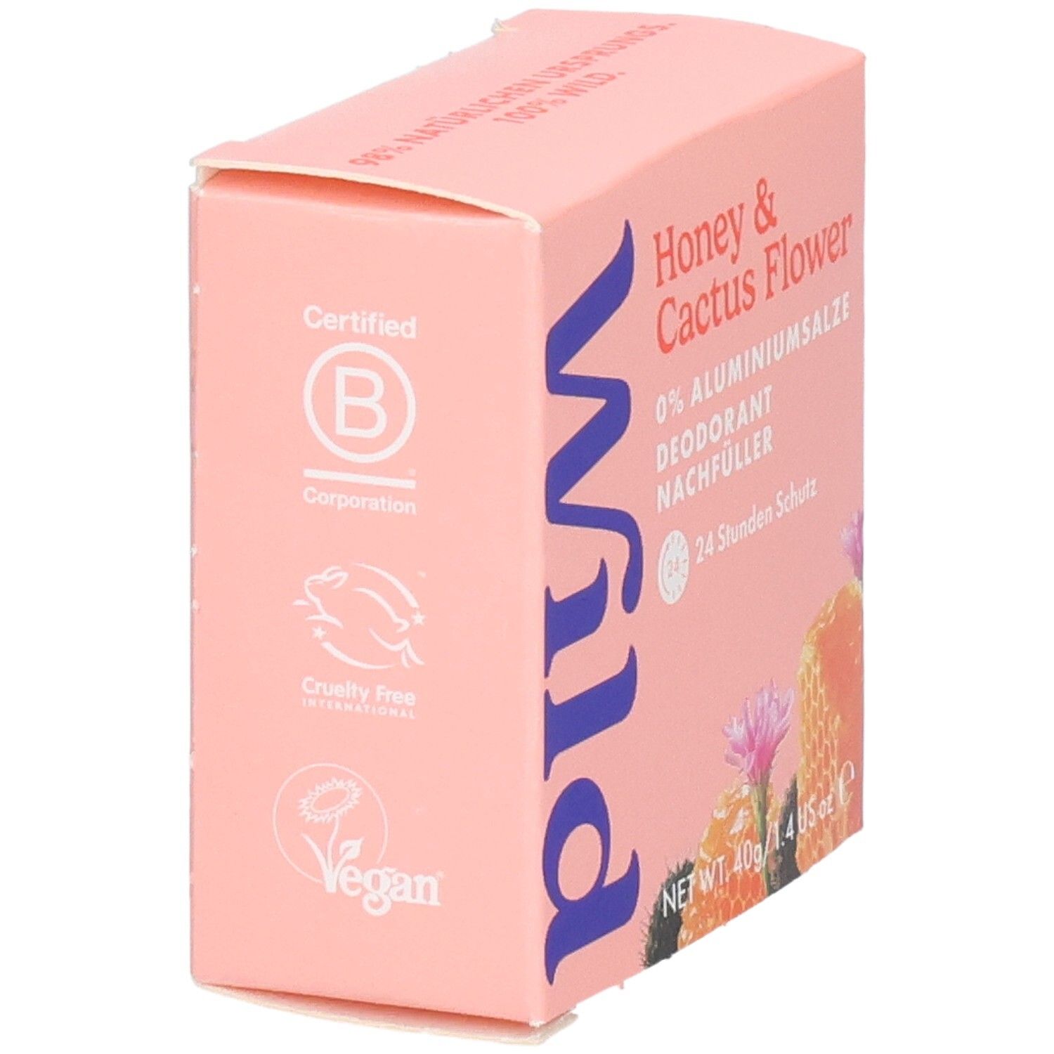 Wild Deodorant Nachfüller. Rosa Karton mit Siegeln: B Corp, Vegan, Cruelty Free.
