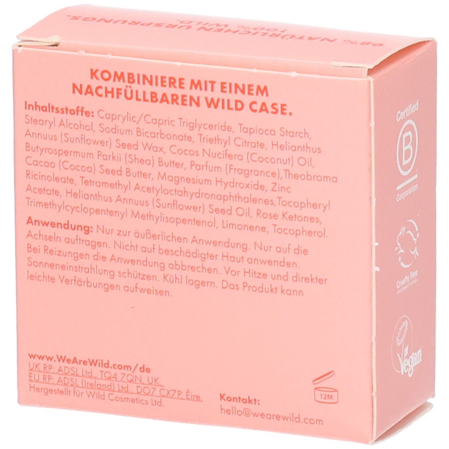 Rückseite Wild Deodorant Nachfüller. Inhaltsstoffe und Anwendungshinweise auf Rosa Karton.