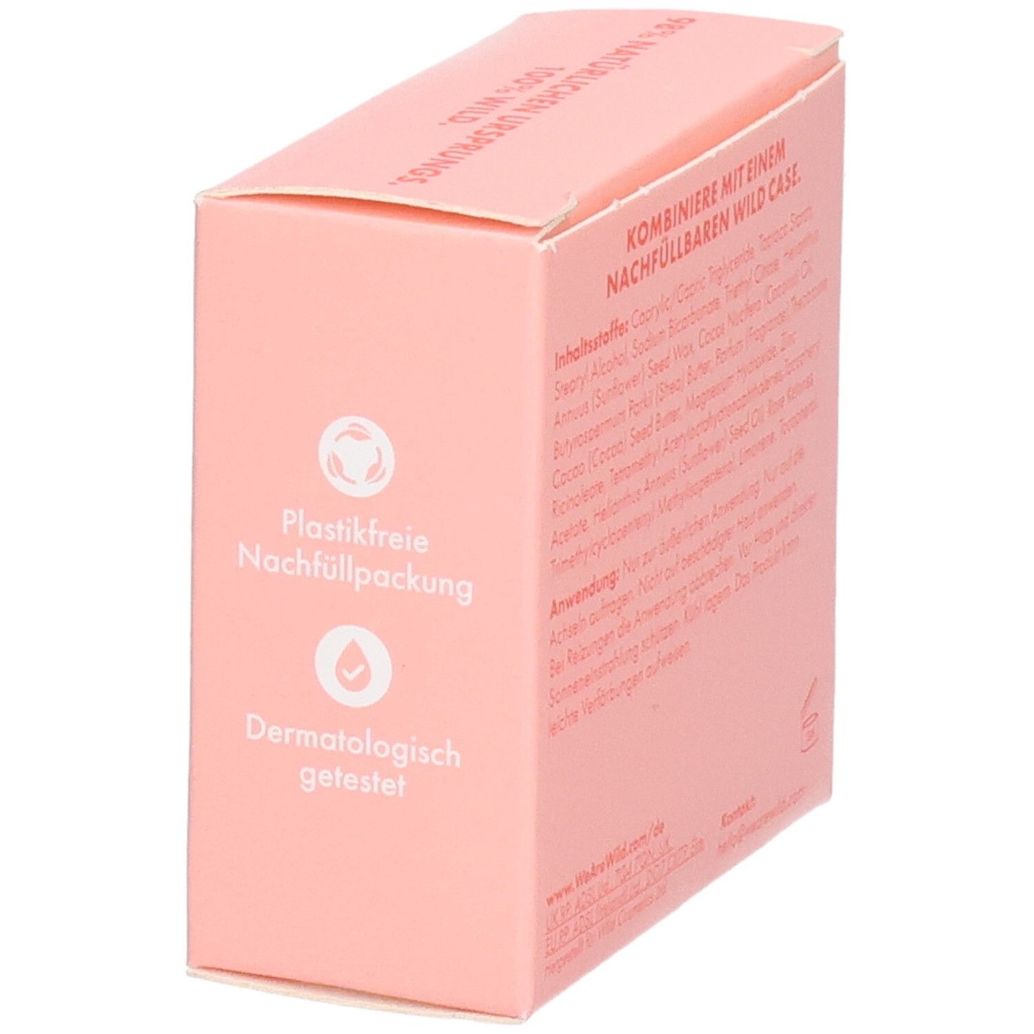 Seite Wild Deodorant Nachfüller. Rosa Karton mit Siegeln: Plastikfrei, Dermatologisch getestet.