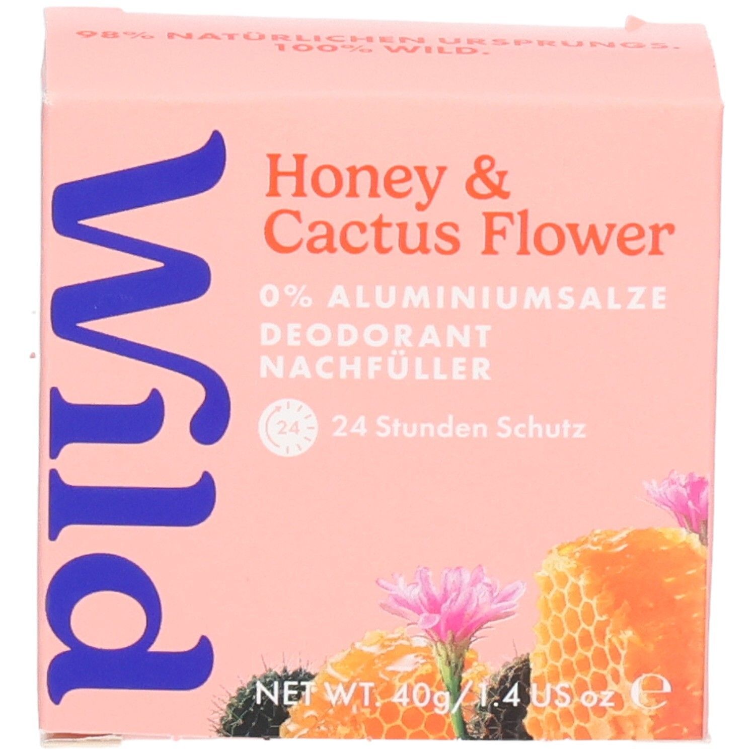 Wild Deodorant Nachfüller Honey & Cactus Flower. Rosa Karton mit Bienenwaben und Kaktusblüten.