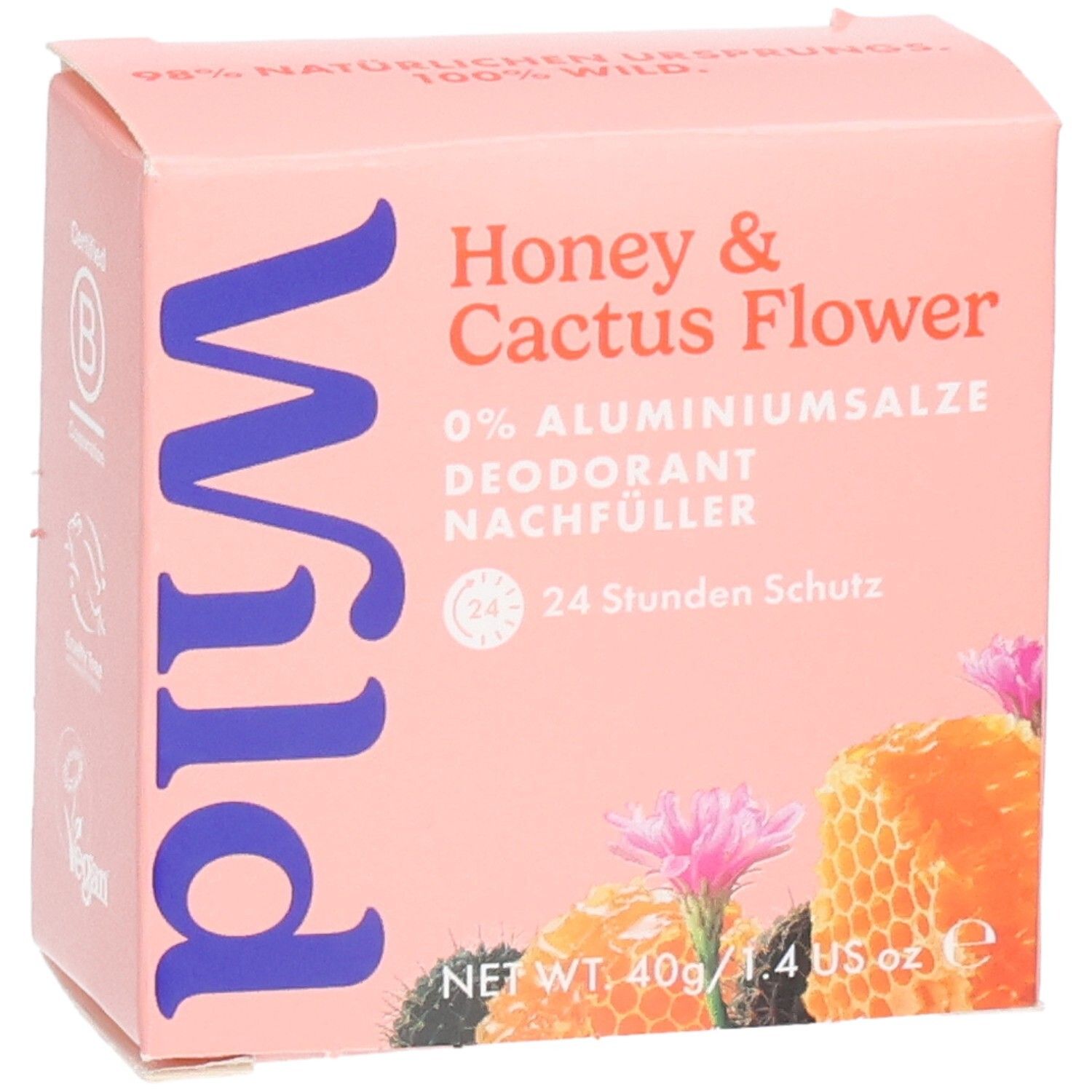 Wild Deodorant Nachfüller Honey & Cactus Flower. Rosa Karton mit Bienenwaben und Kaktusblüten.