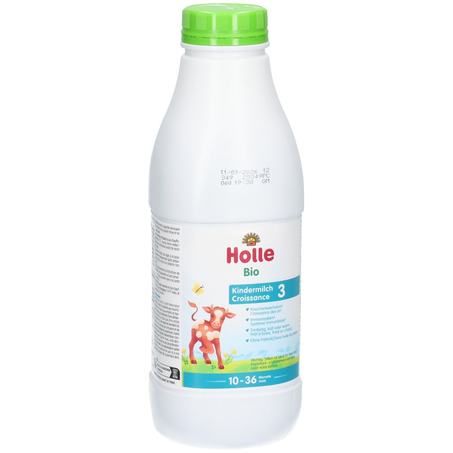Holle Bio Kindermilch 3 in weißer Flasche mit grünem Deckel. Rote Kuh und Schmetterling auf dem Etikett.