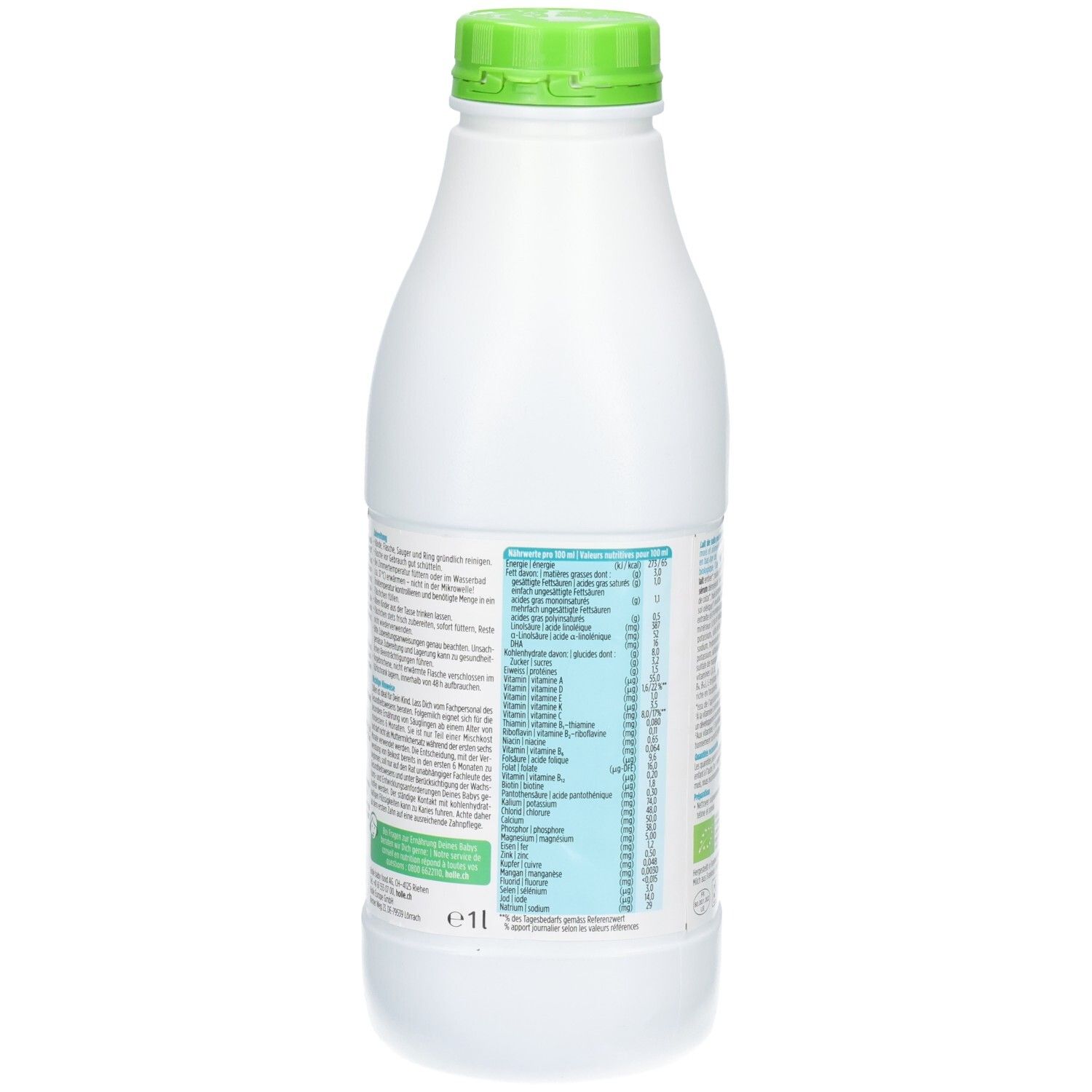 Rückseite der Holle Bio Kindermilch 3 Flasche mit Nährwerttabelle und Bio-Zertifizierung.