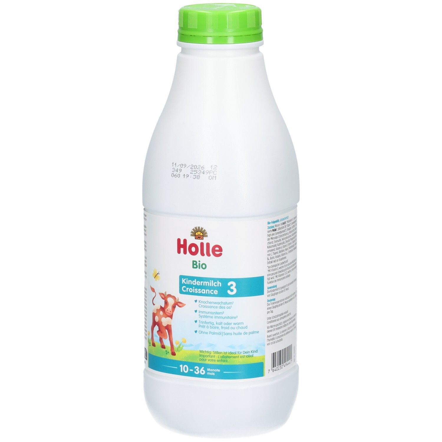 Holle Bio Kindermilch 3 in weißer Flasche mit grünem Deckel. Rote Kuh und Schmetterling auf dem Etikett.