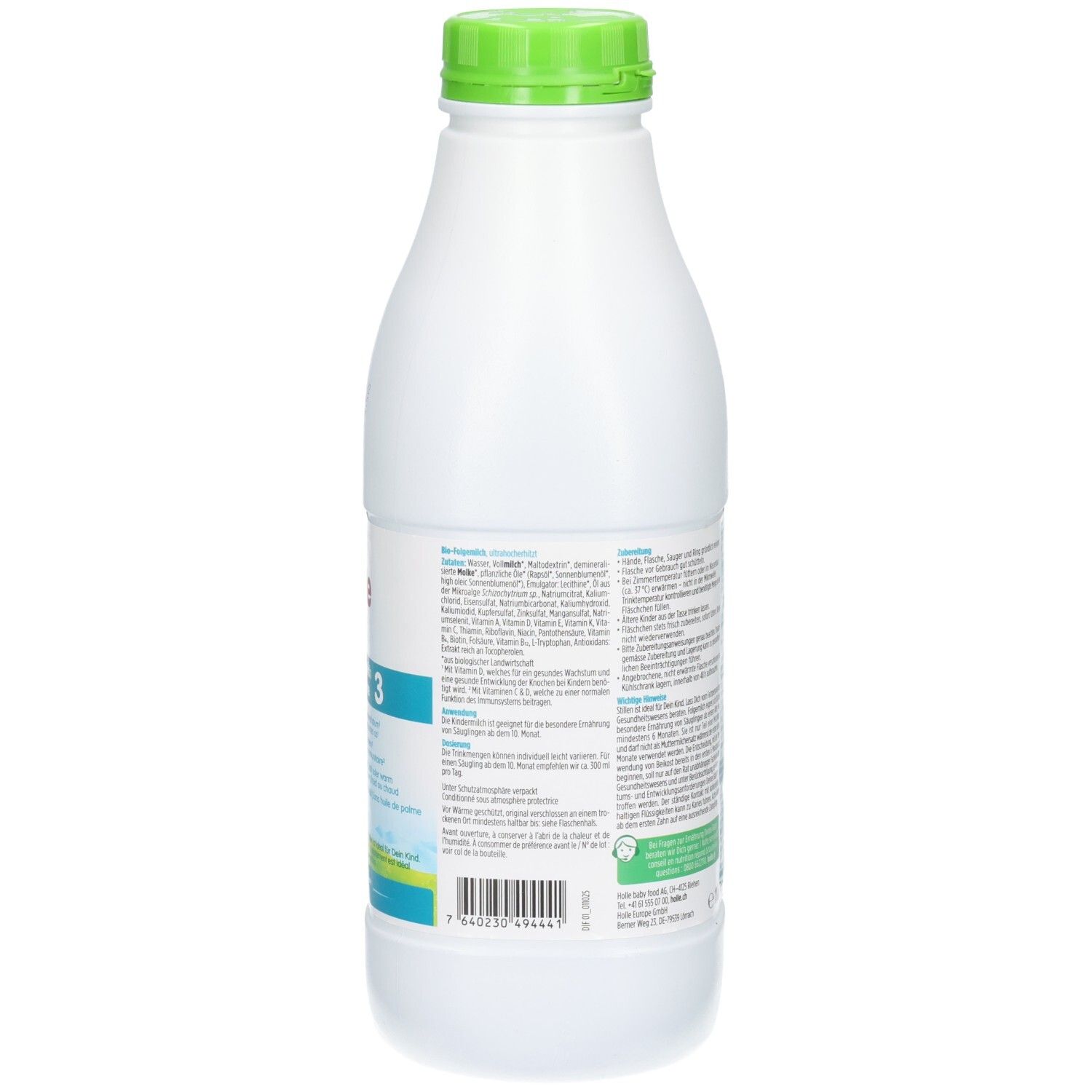 Rückseite der Holle Bio Kindermilch 3 Flasche mit detaillierten Inhaltsstoffen und Bio-Siegel.