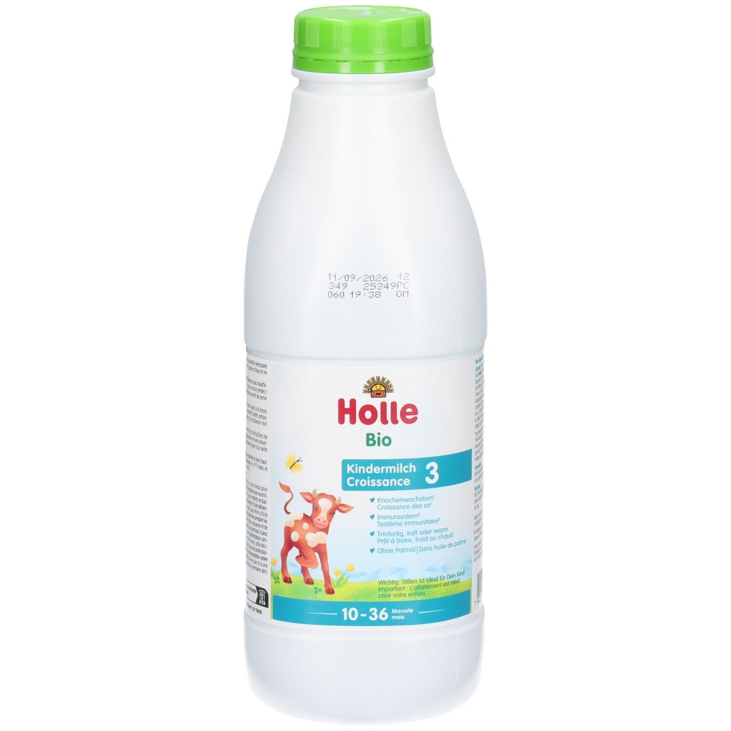 Holle Bio Kindermilch 3 in weißer Flasche mit grünem Deckel. Rote Kuh und Schmetterling auf dem Etikett.