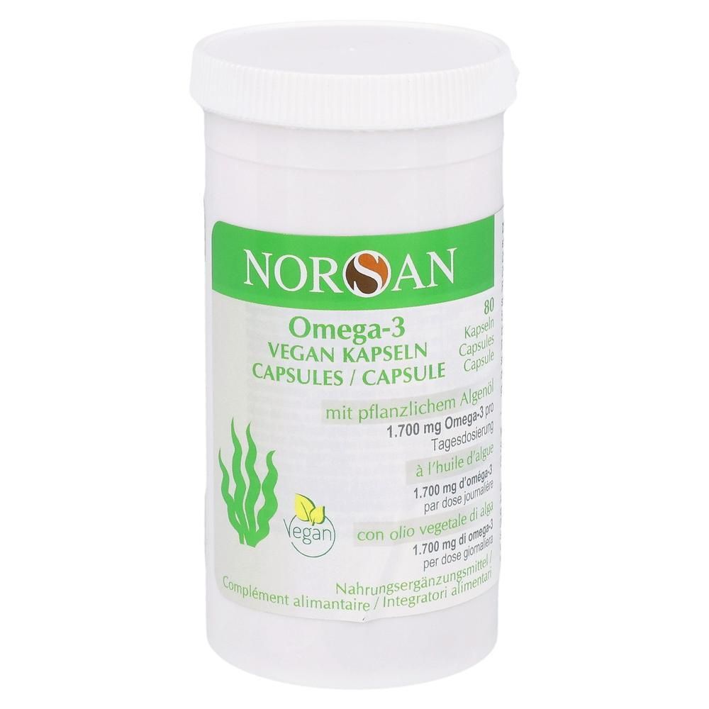 NORSAN Omega-3 Kapseln vegan: Weißer Behälter mit grünem Etikett, zeigt Algen und Vegan-Siegel.
