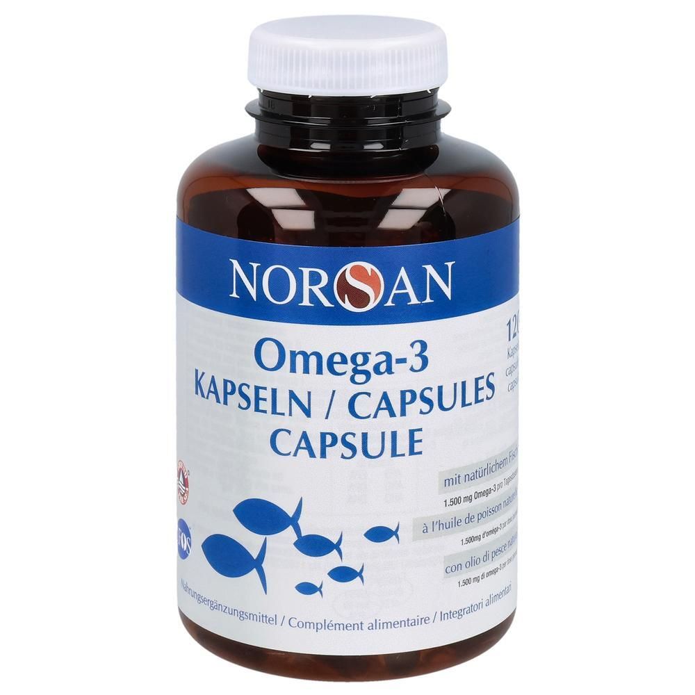 Braune Kapsel-Flasche mit blauem Etikett und Fisch-Symbolen. Enthält NORSAN Omega-3 Kapseln.