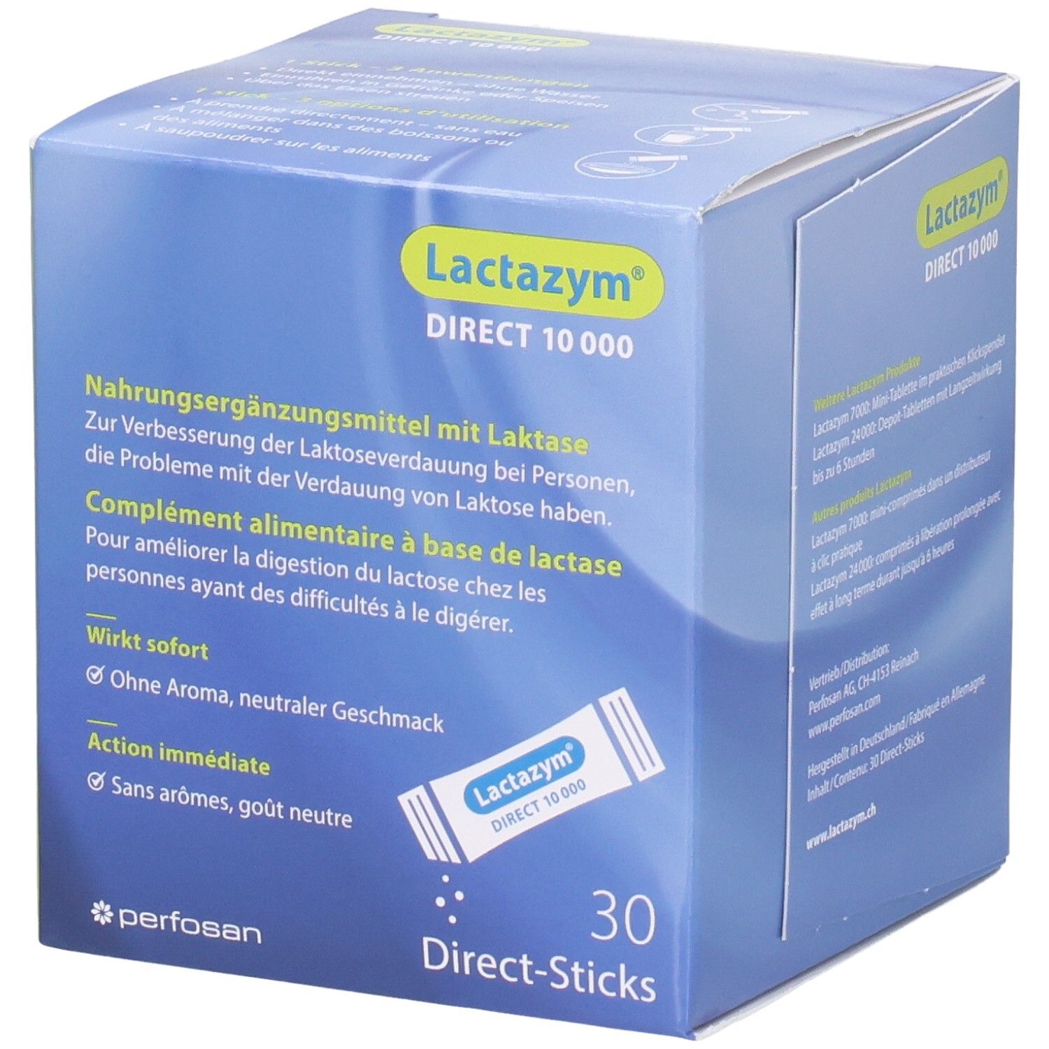 Lactazym Direct 10000: Karton mit 30 Direkt-Sticks zur Laktaseunterstützung.