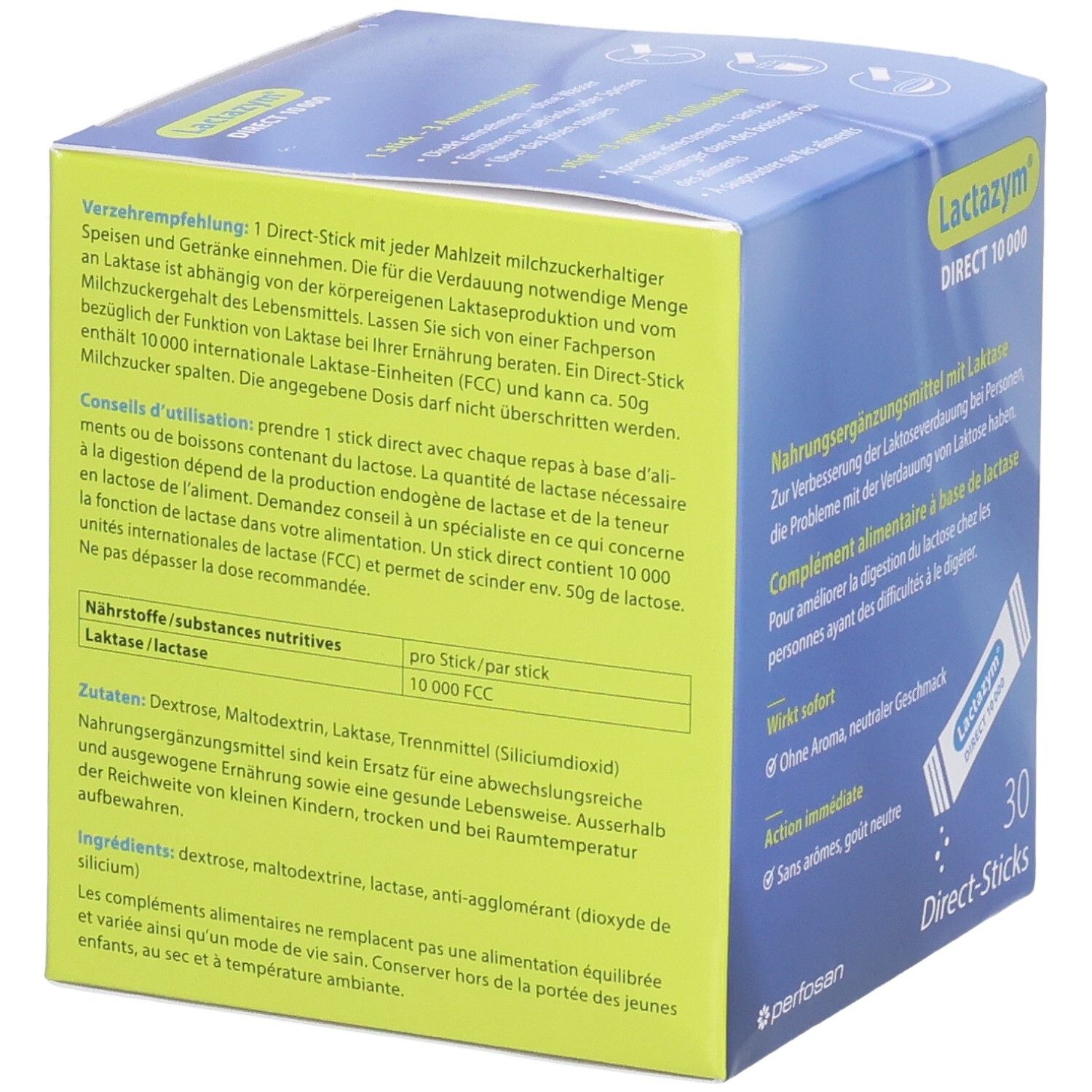 Rückseite Lactazym Direct 10000: Informationen zu Inhaltsstoffen und Anwendung.