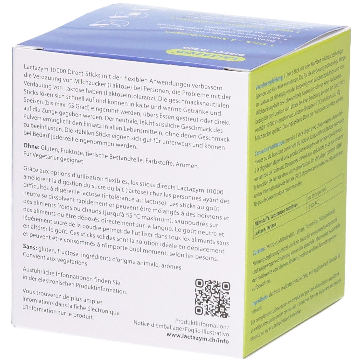 Seite Lactazym Direct 10000: Details zu Inhaltsstoffen, Anwendung und Produktinformationen.