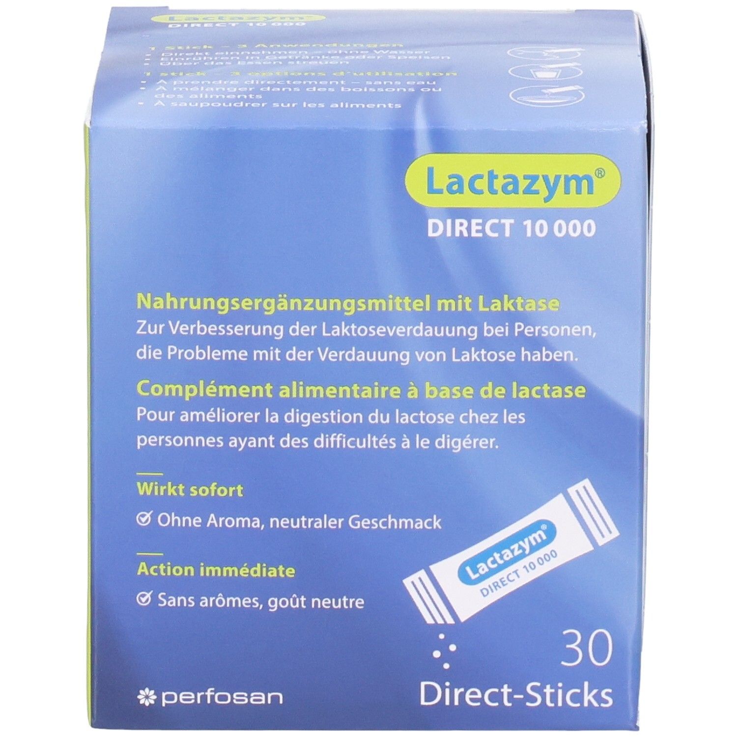 Vorderseite Lactazym Direct 10000: Produktbeschreibung, Anwendungshinweise und Packungsgröße.