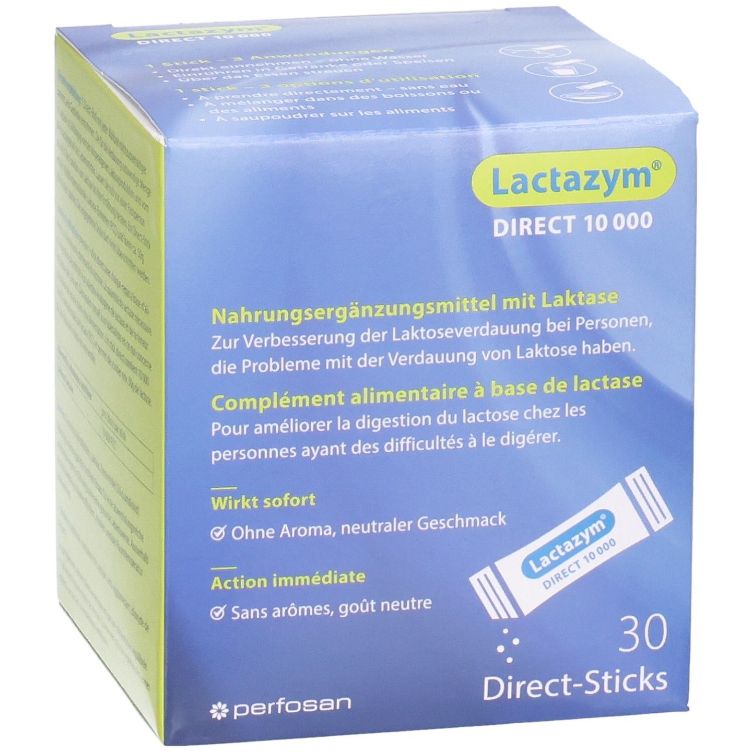 Lactazym Direct 10000: Karton mit 30 Direkt-Sticks, Fokus auf Produktname und Anwendung.