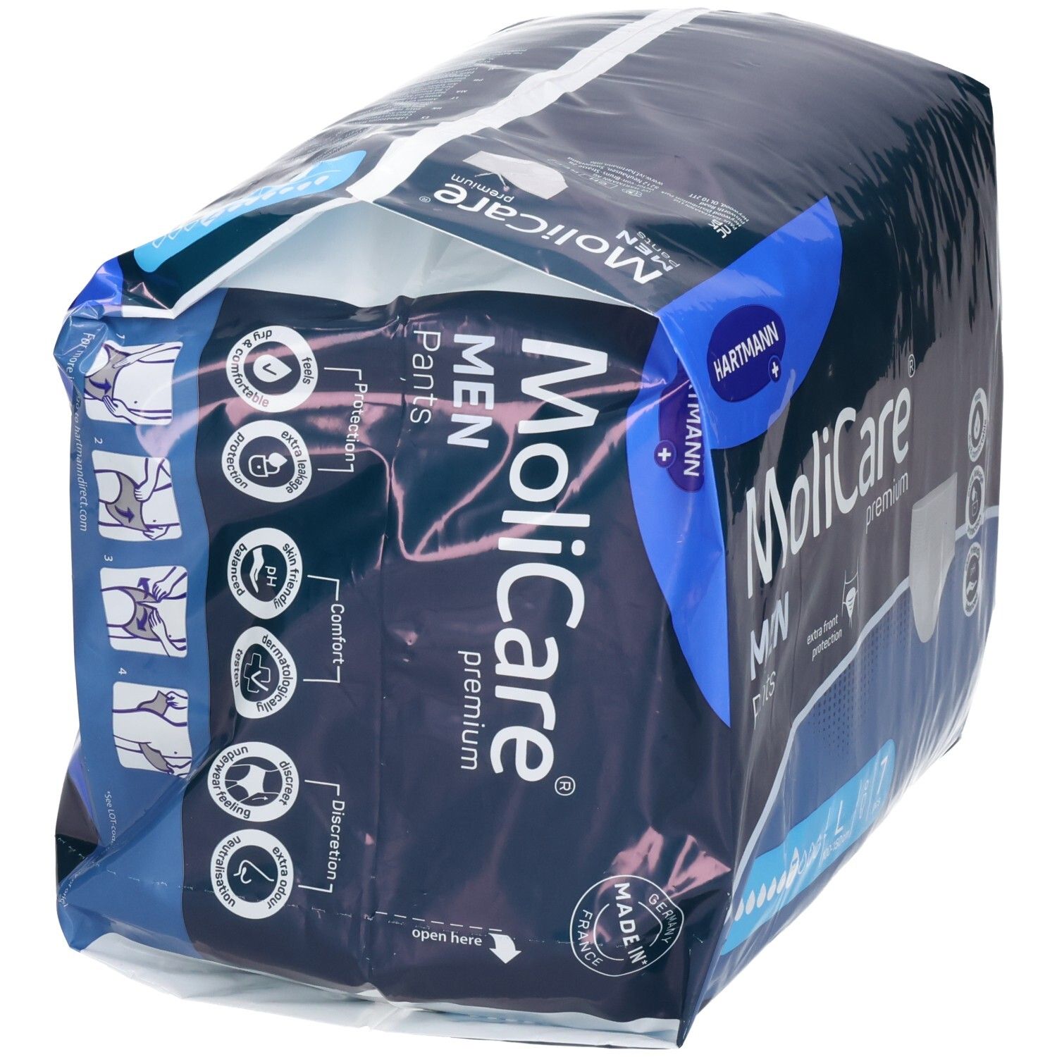 Hartmann MoliCare Premium MEN PANTS L, 7 Stück. Verpackung mit Produktinformationen und Symbolen.