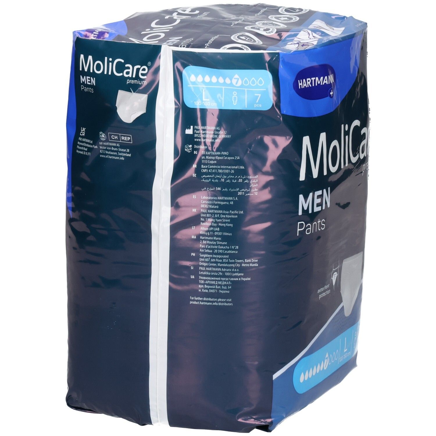 Hartmann MoliCare Premium MEN PANTS L, 7 Stück. Rückseite der Verpackung mit detaillierten Produktinformationen.