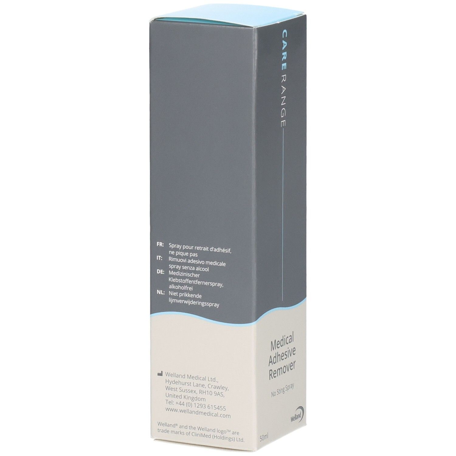 Rückseite der Verpackung eines medizinischen Klebstoffentfernerspray mit Produktinformationen.