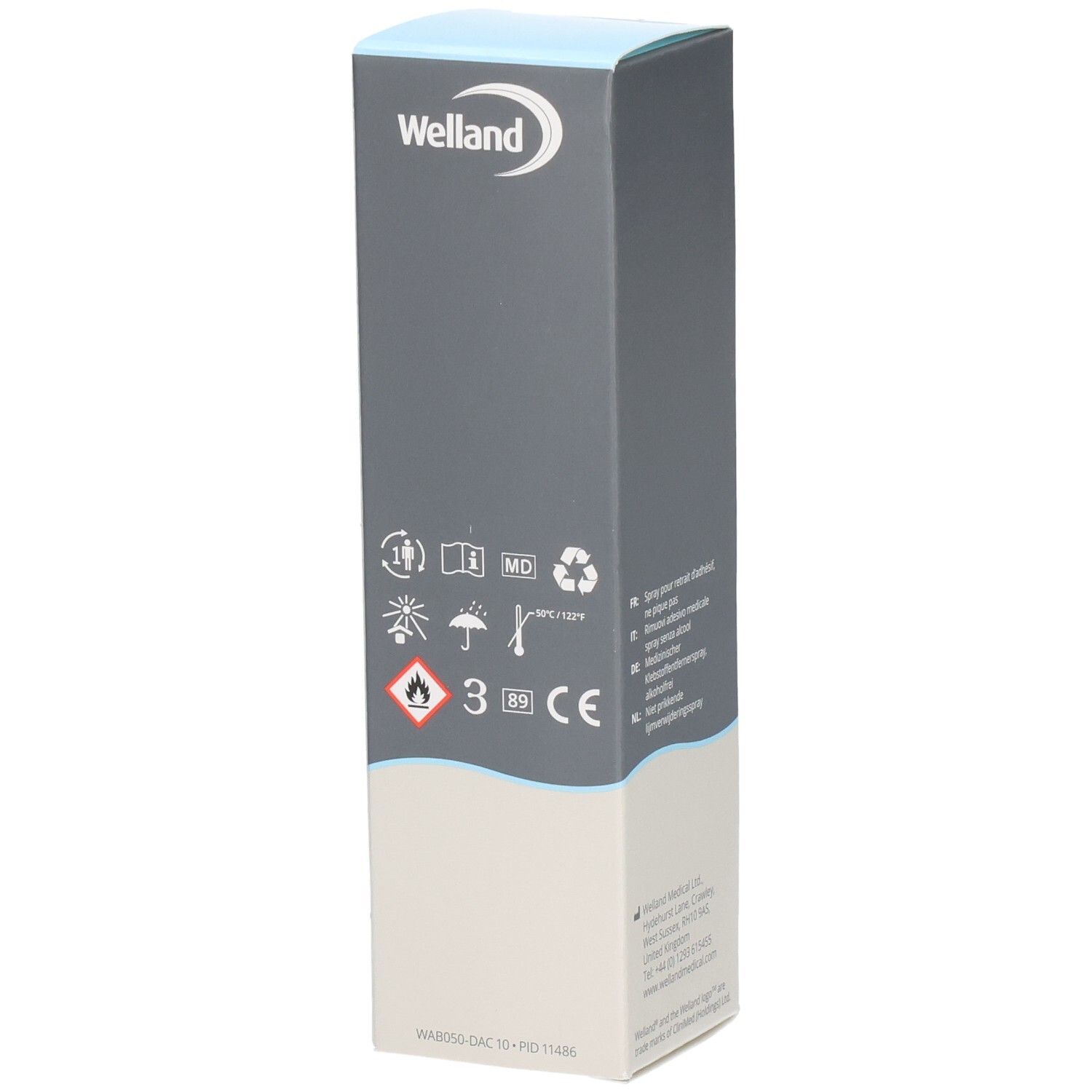 Seite der Verpackung eines medizinischen Klebstoffentfernerspray mit Symbolen und CE-Kennzeichnung.