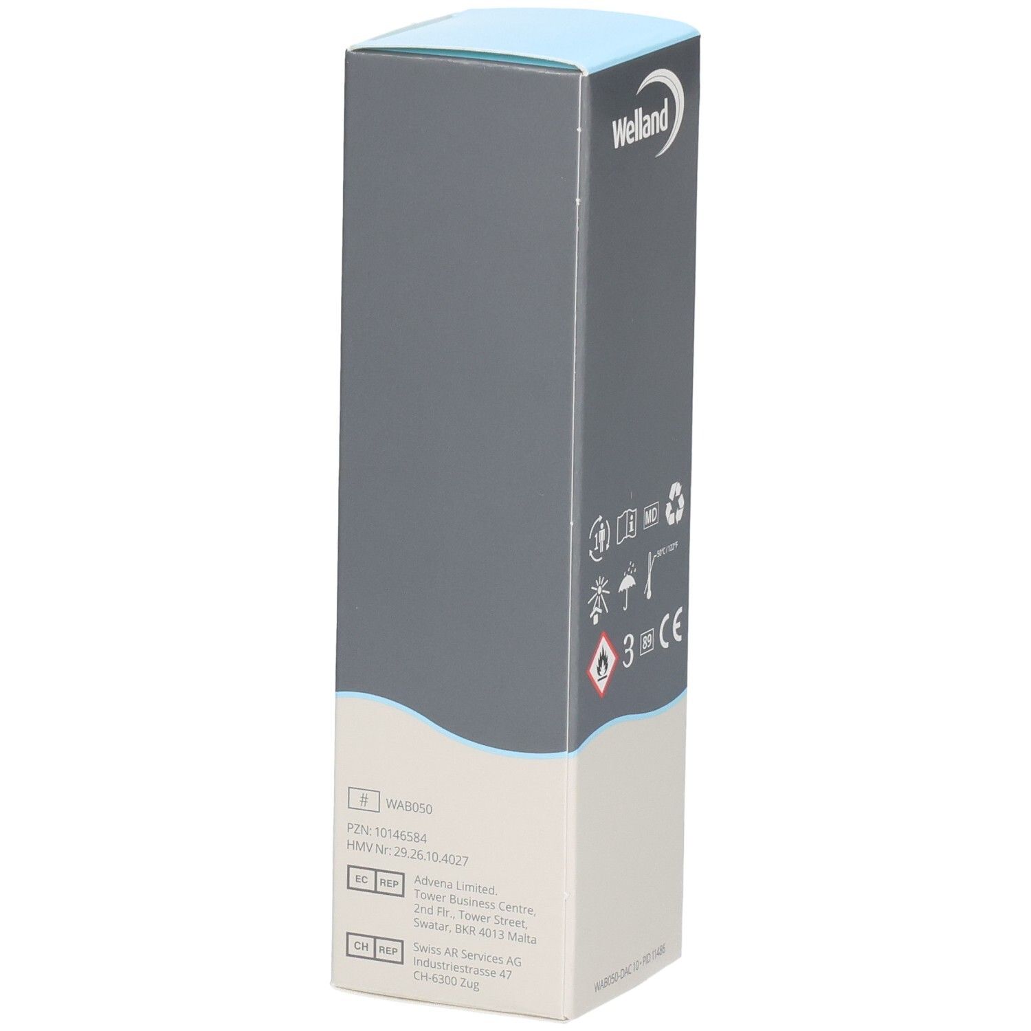 Seite der Verpackung eines medizinischen Klebstoffentfernerspray mit Produktinformationen und CE-Kennzeichnung.
