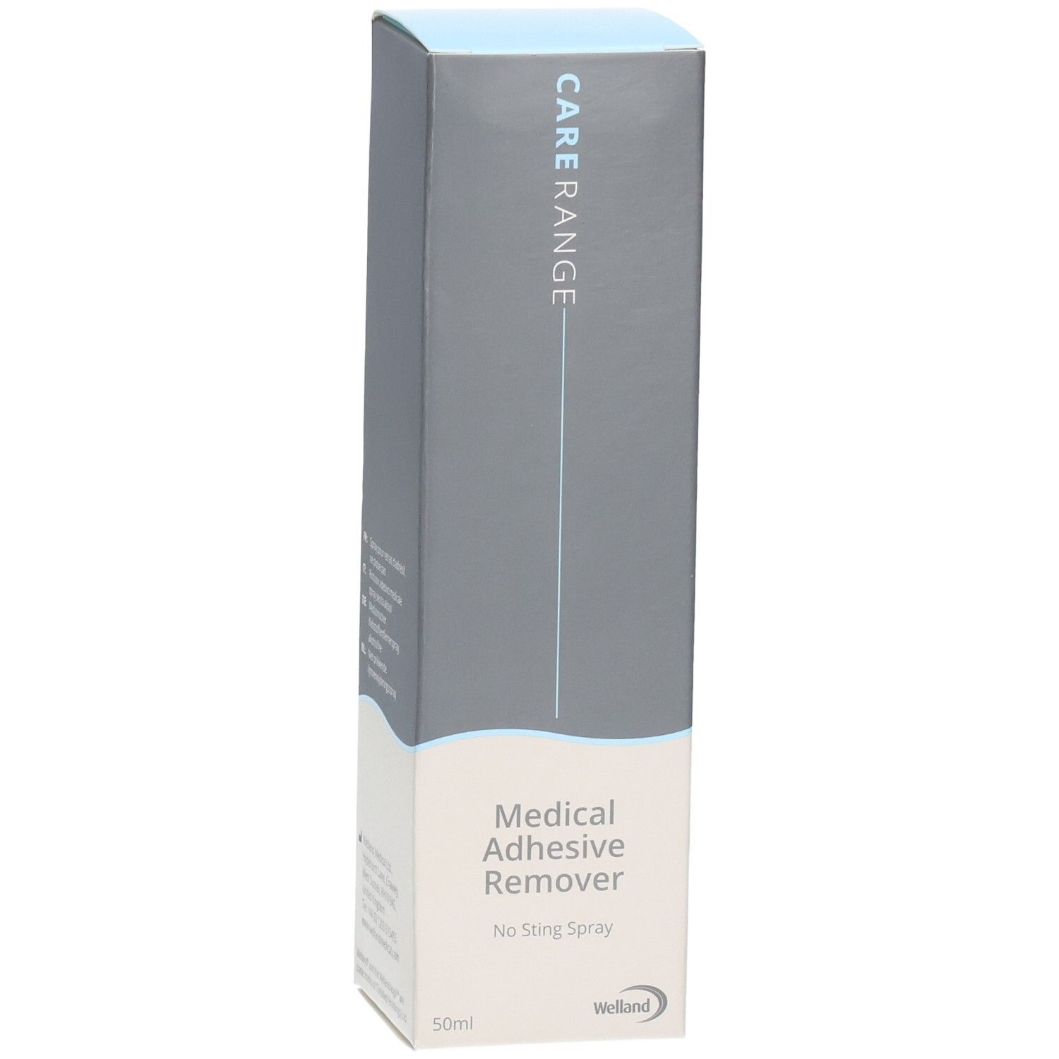 Vorderseite der Verpackung eines medizinischen Klebstoffentfernerspray, 50ml.