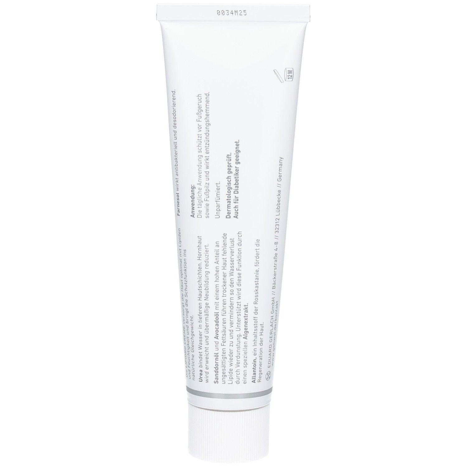 Rückseite der GEHWOL MED Lipidro Creme Tube mit Anwendungshinweisen.