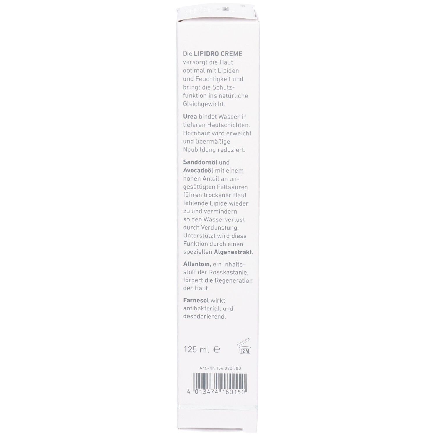 Rückseite der Faltschachtel für GEHWOL MED Lipidro Creme, 125 ml.