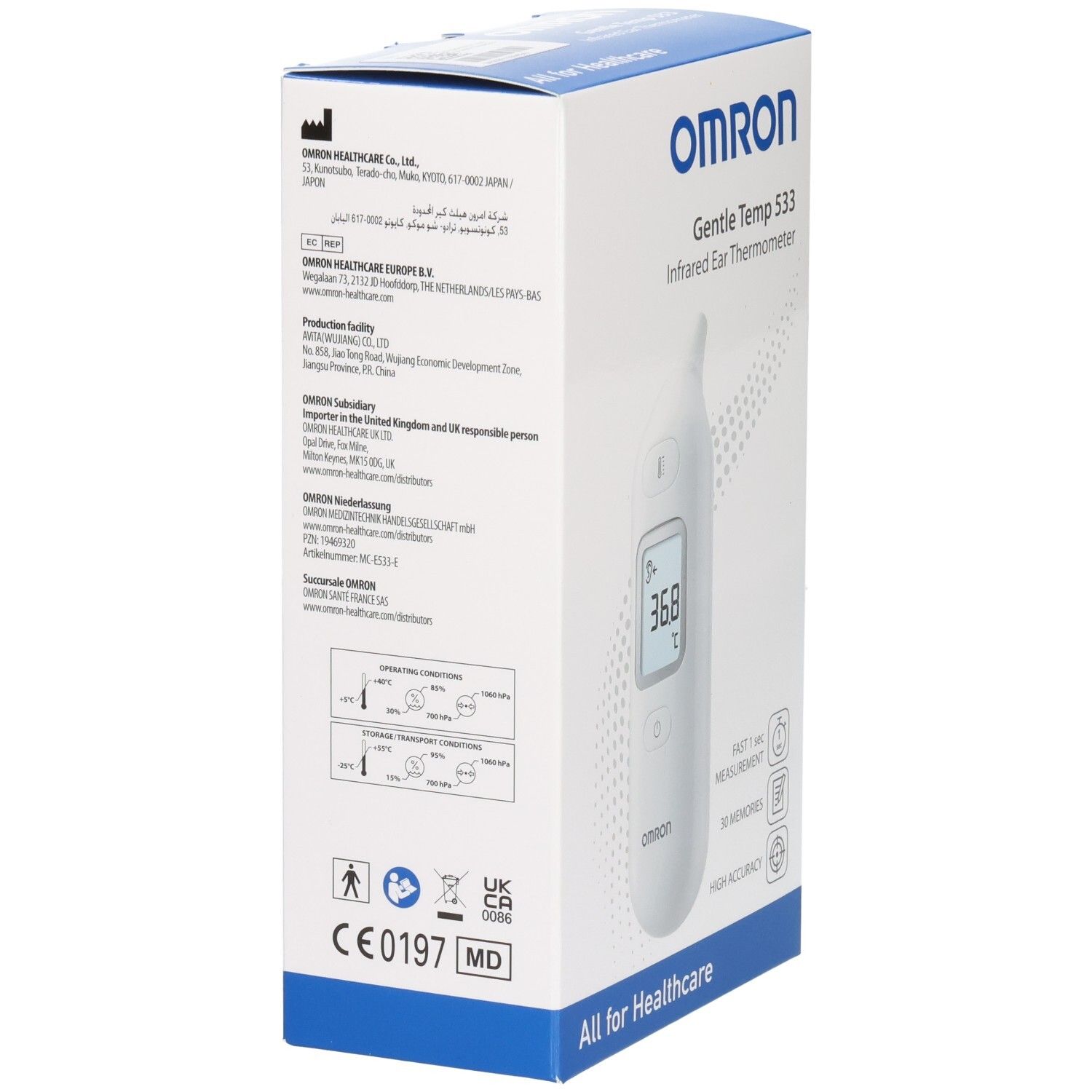 Rückseite der OMRON Gentle Temp 533 Verpackung mit technischen Details, CE-Kennzeichnung und Herstellerinformationen.