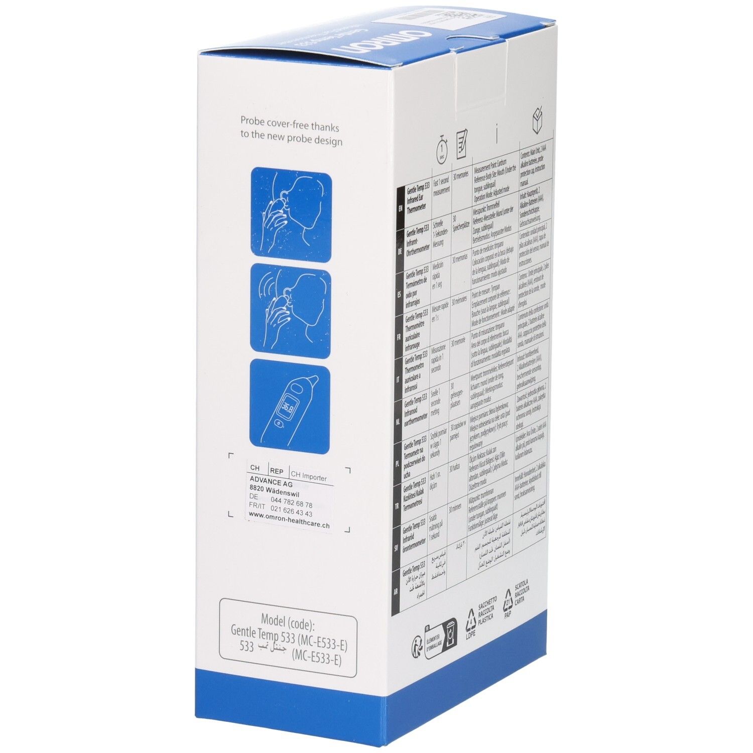 Seitenansicht der OMRON Gentle Temp 533 Verpackung mit Anwendungshinweisen und Modellnummer.