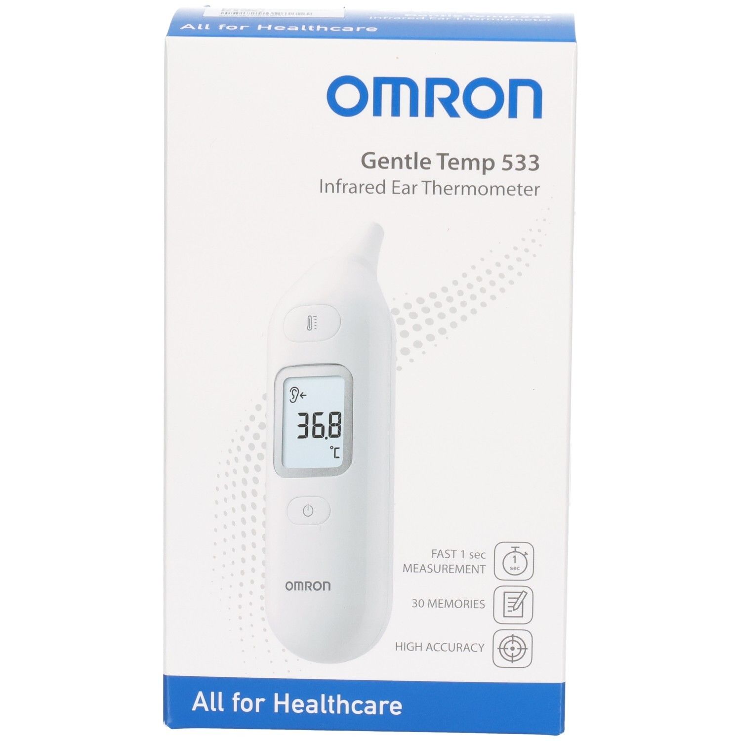 OMRON Gentle Temp 533 Infrarot-Ohrthermometer auf weißer Verpackung mit Produktabbildung und Merkmalen.