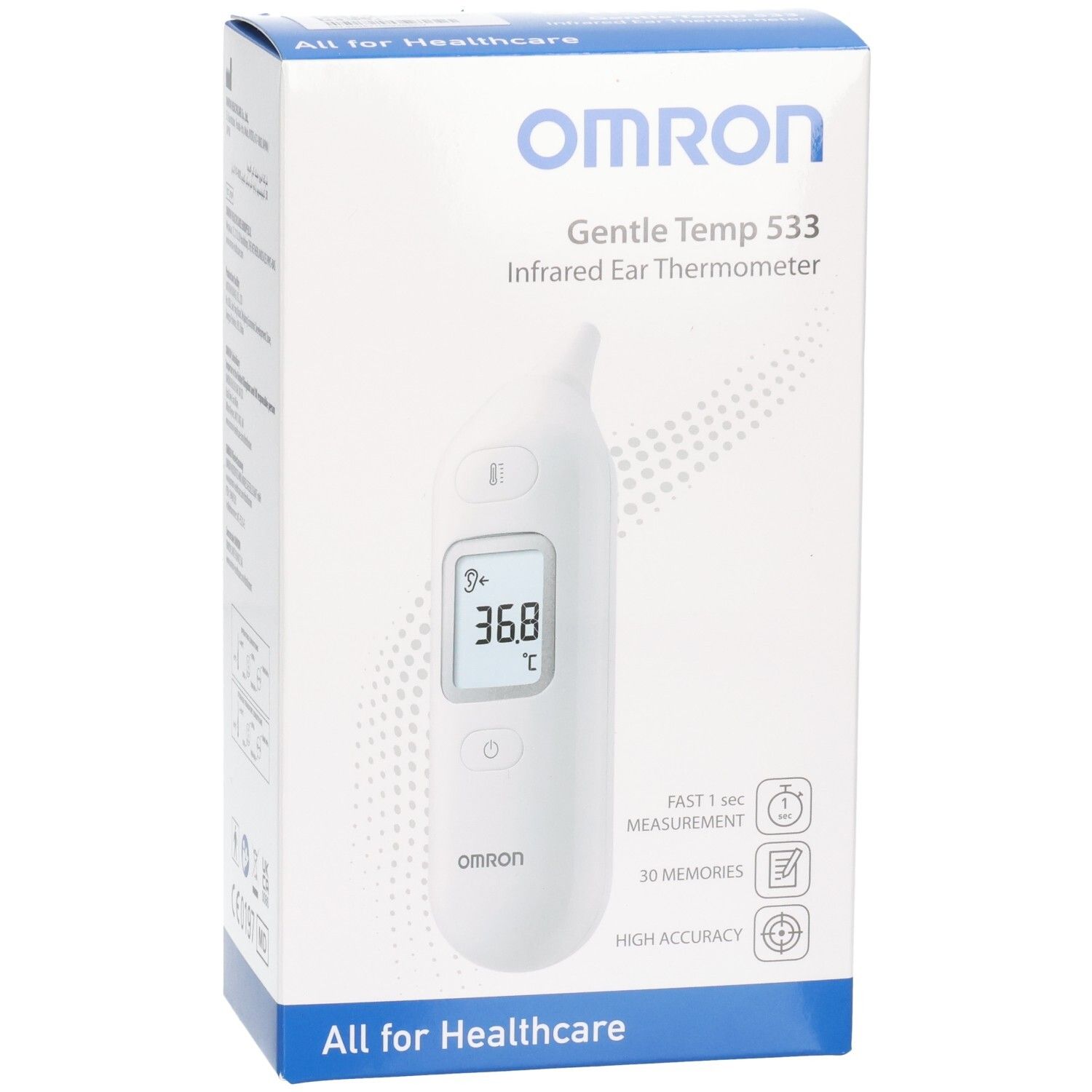OMRON Gentle Temp 533 Infrarot-Ohrthermometer auf weißer Verpackung mit Produktabbildung und Merkmalen.
