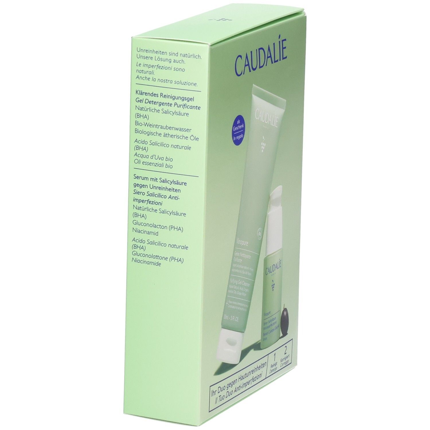 Grüne Verpackung mit Text. Enthält Reinigungs-Gel und Serum. Caudalie-Logo und Produktnamen sind sichtbar.