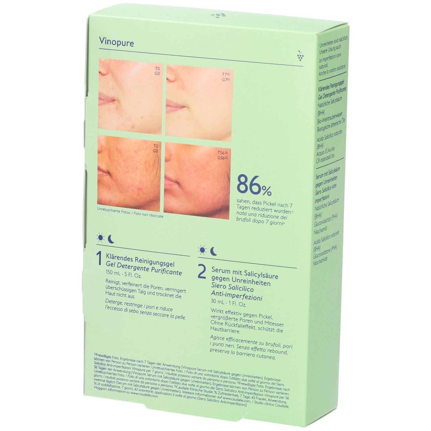 Rückseite der grünen Verpackung. Zeigt Vorher-Nachher-Bilder und Produktinformationen. Caudalie-Logo.