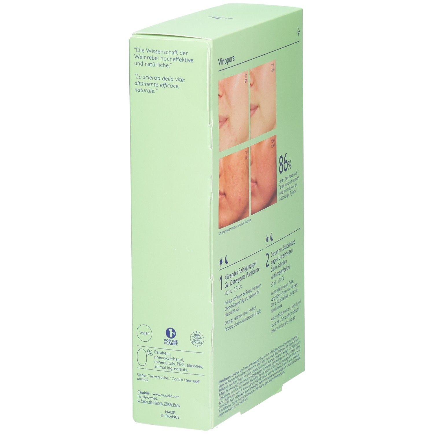 Seite der grünen Verpackung. Zeigt Vorher-Nachher-Bilder und Produktinformationen. Caudalie-Logo.