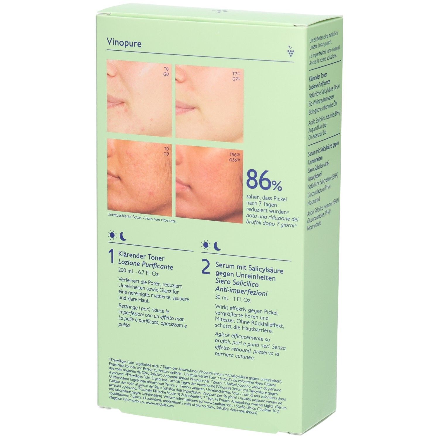 Grüne Box, Rückseite mit Bildern. Caudalie Vinopure. Bilder zeigen Hautverbesserung. Text: Klärender Toner, Serum mit Salicylsäure.