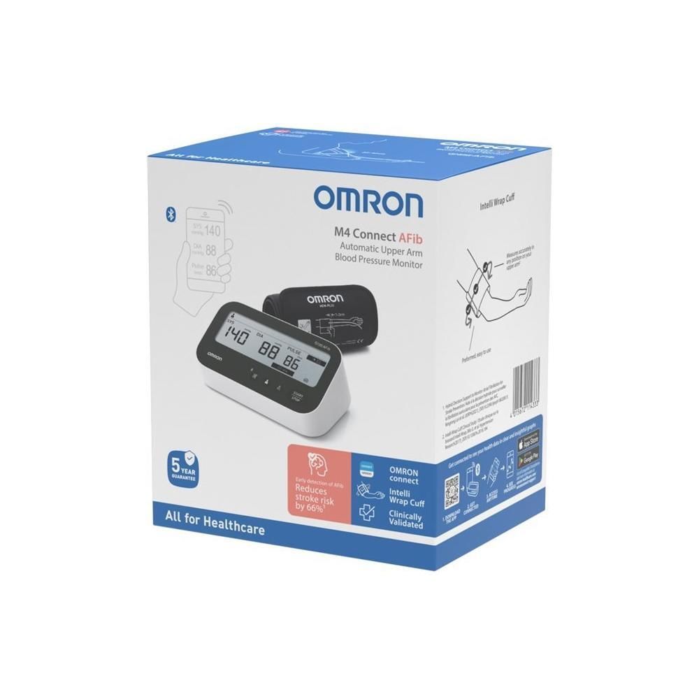 Omron M4 Connect AFib Blutdruckmessgerät-Verpackung mit abgebildetem Gerät und Manschette.