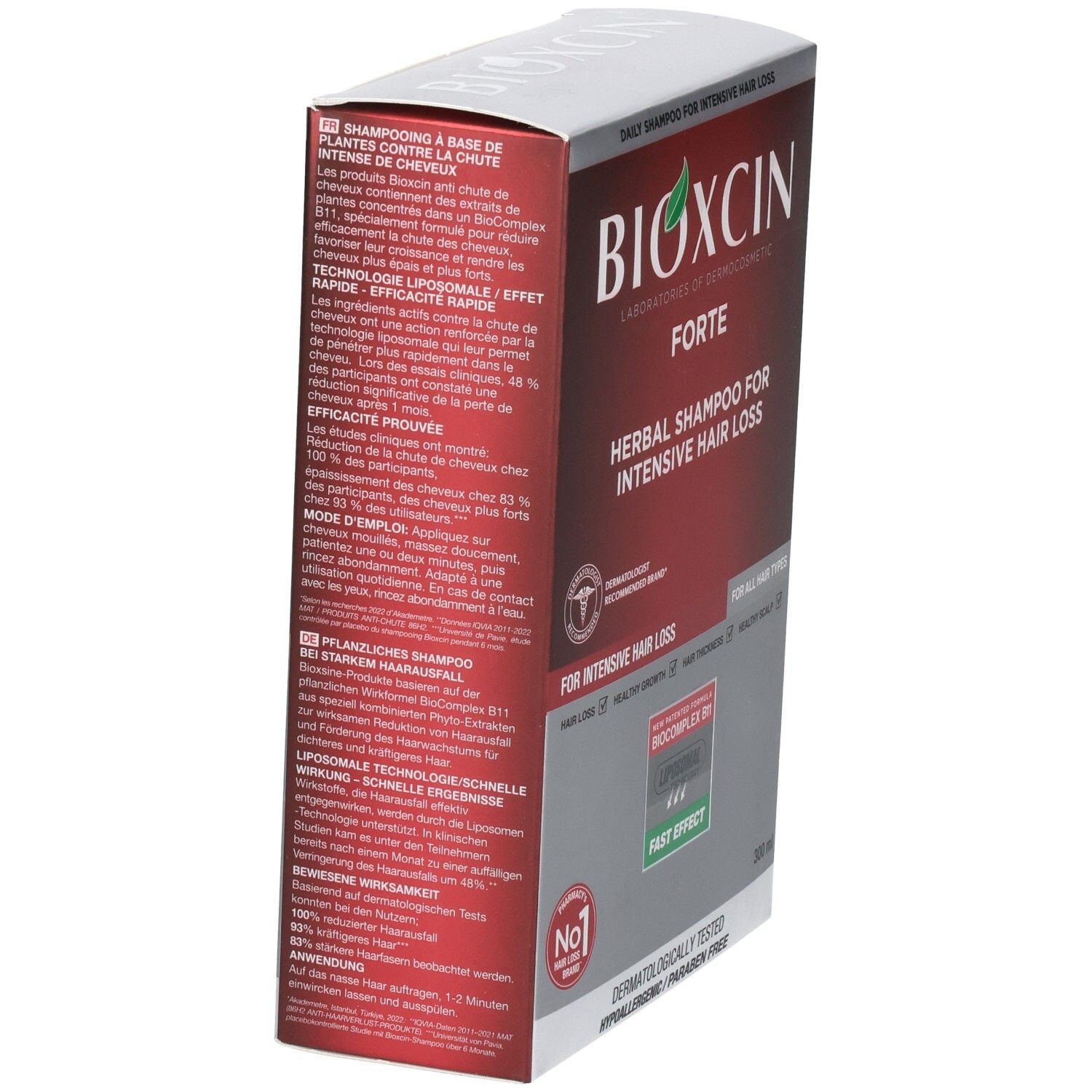 Rückseite der Bioxcin Forte Kräutershampoo-Verpackung mit Anwendungshinweisen.