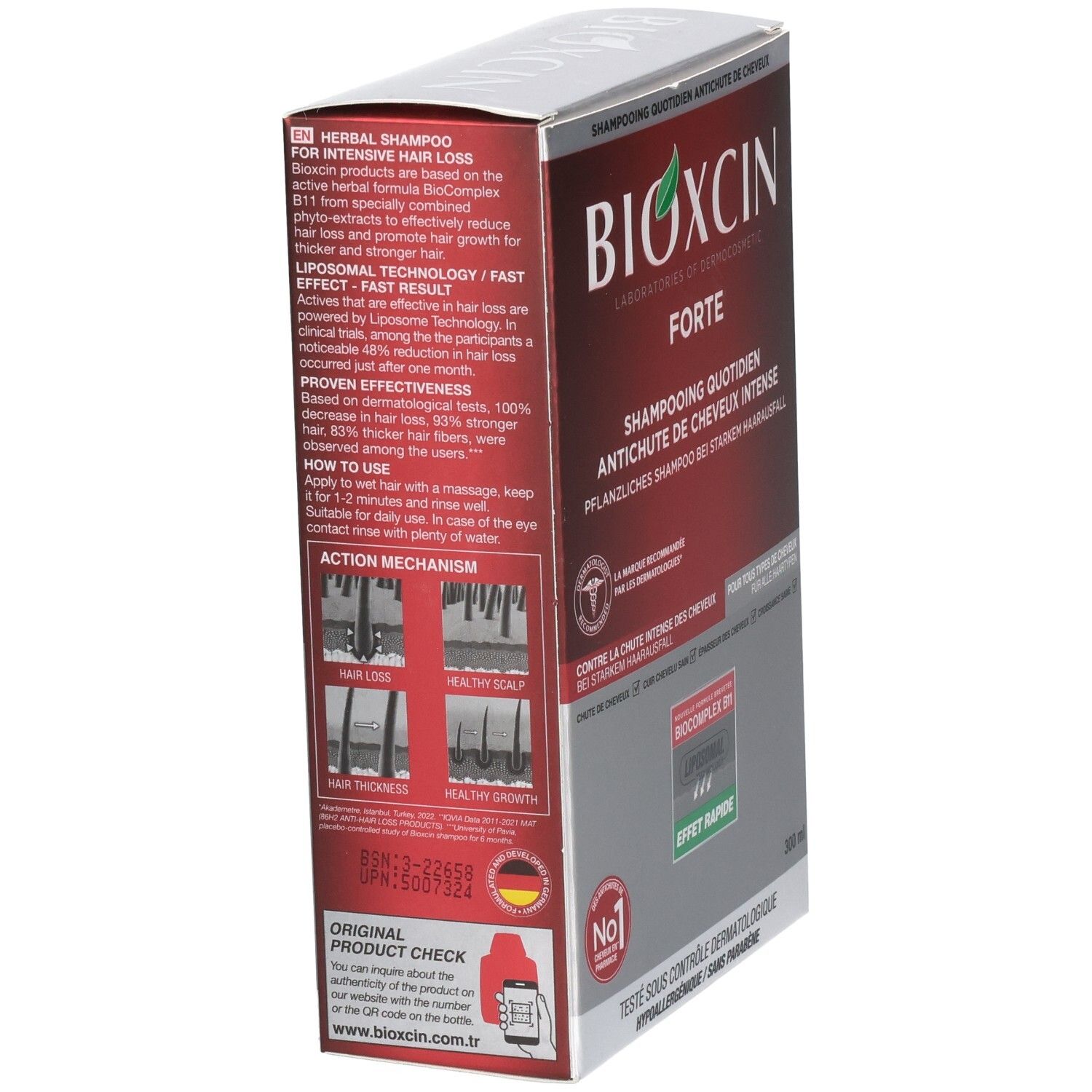 Seitenansicht der Bioxcin Forte Shampoo-Verpackung mit Anwendungshinweisen.