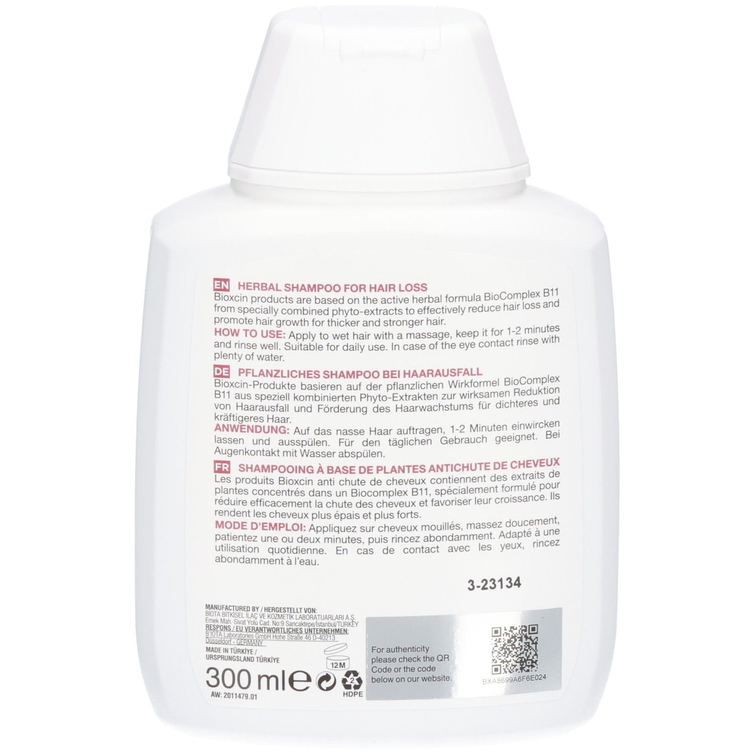 Rückseite BIOXCIN Kräutershampoo für Haarausfall. Enthält BioComplex B11. 300 ml.
