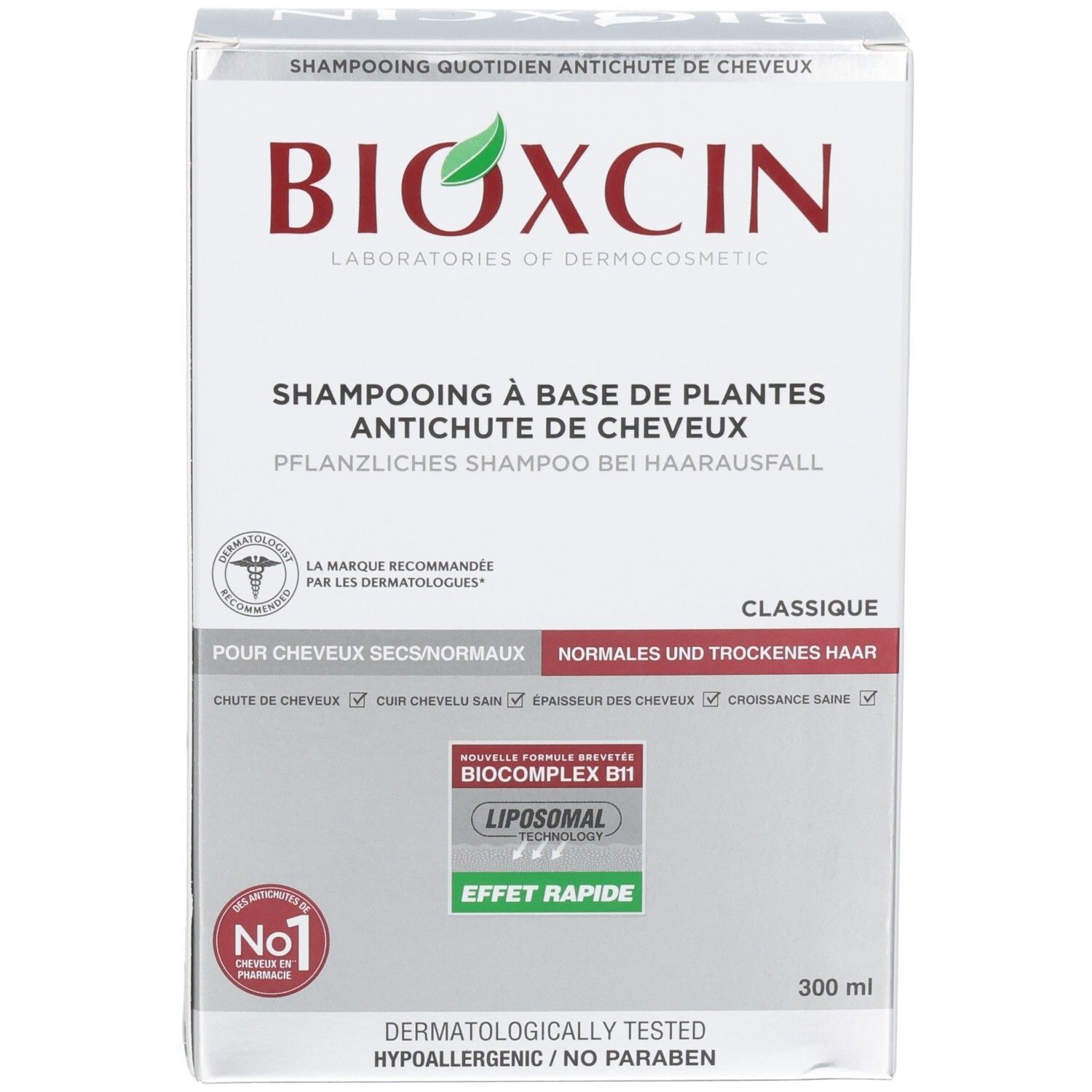 Vorderseite der BIOXCIN Shampoo-Verpackung für Haarausfall. Nr. 1 Marke. 300 ml.