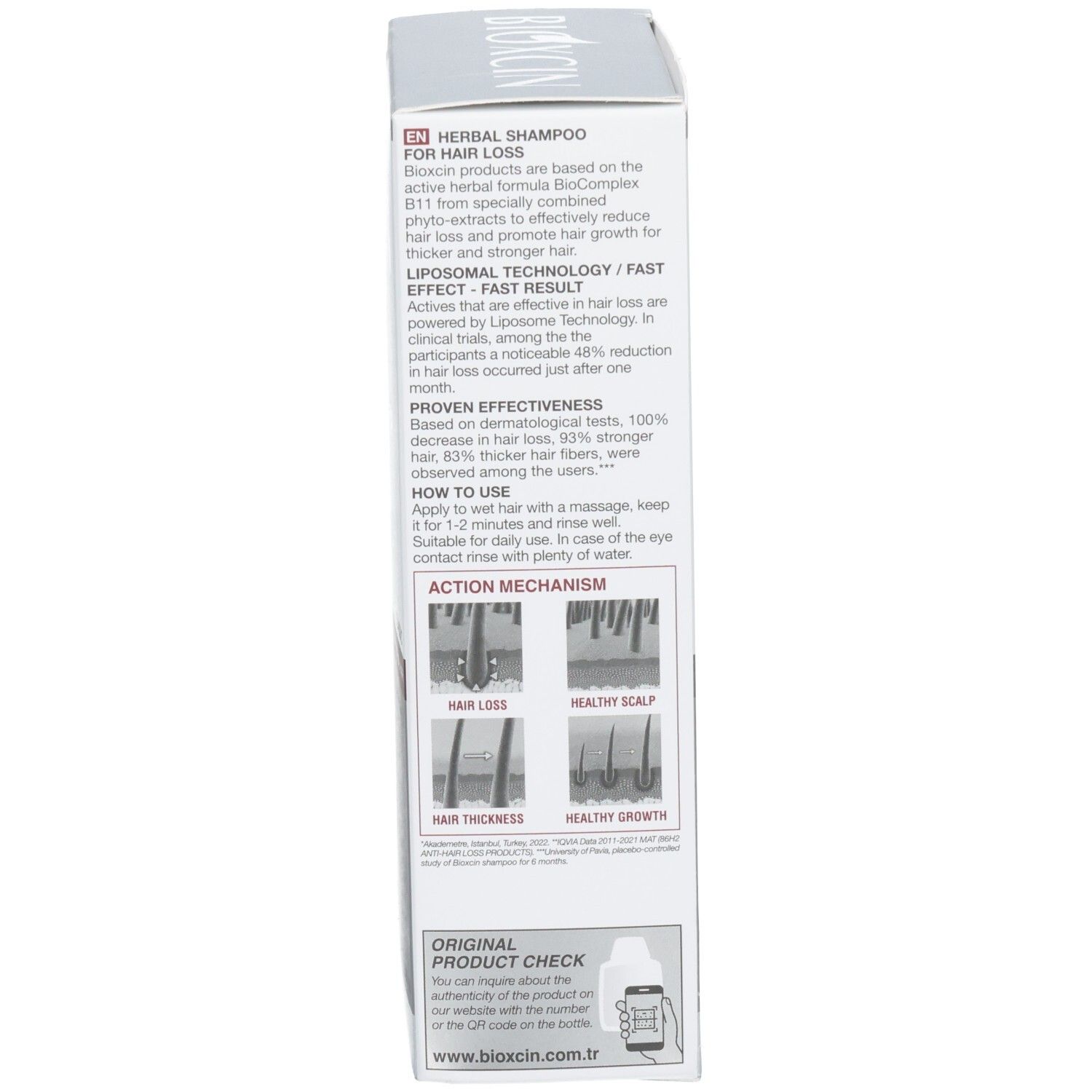 Seite der BIOXCIN Shampoo-Verpackung für Haarausfall. Klinische Studien. 300 ml.