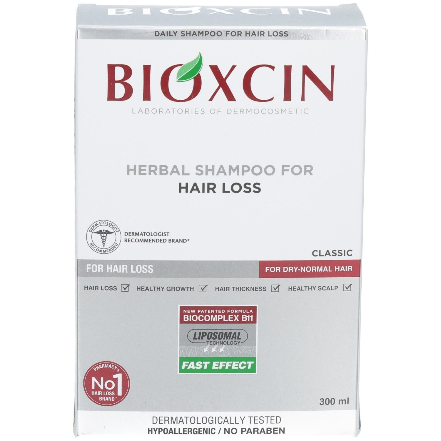 Vorderseite der BIOXCIN Shampoo-Verpackung für Haarausfall. Dermatologisch getestet. 300 ml.
