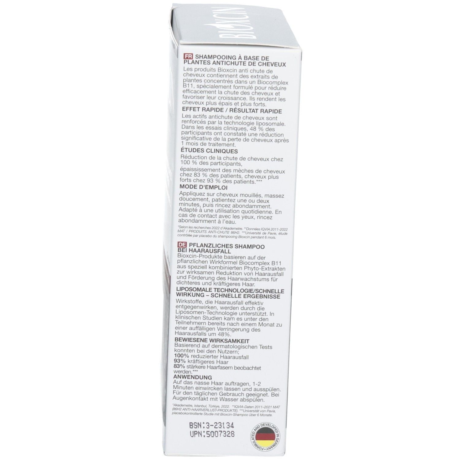Seite der BIOXCIN Shampoo-Verpackung für Haarausfall. Pflanzliches Shampoo. 300 ml.