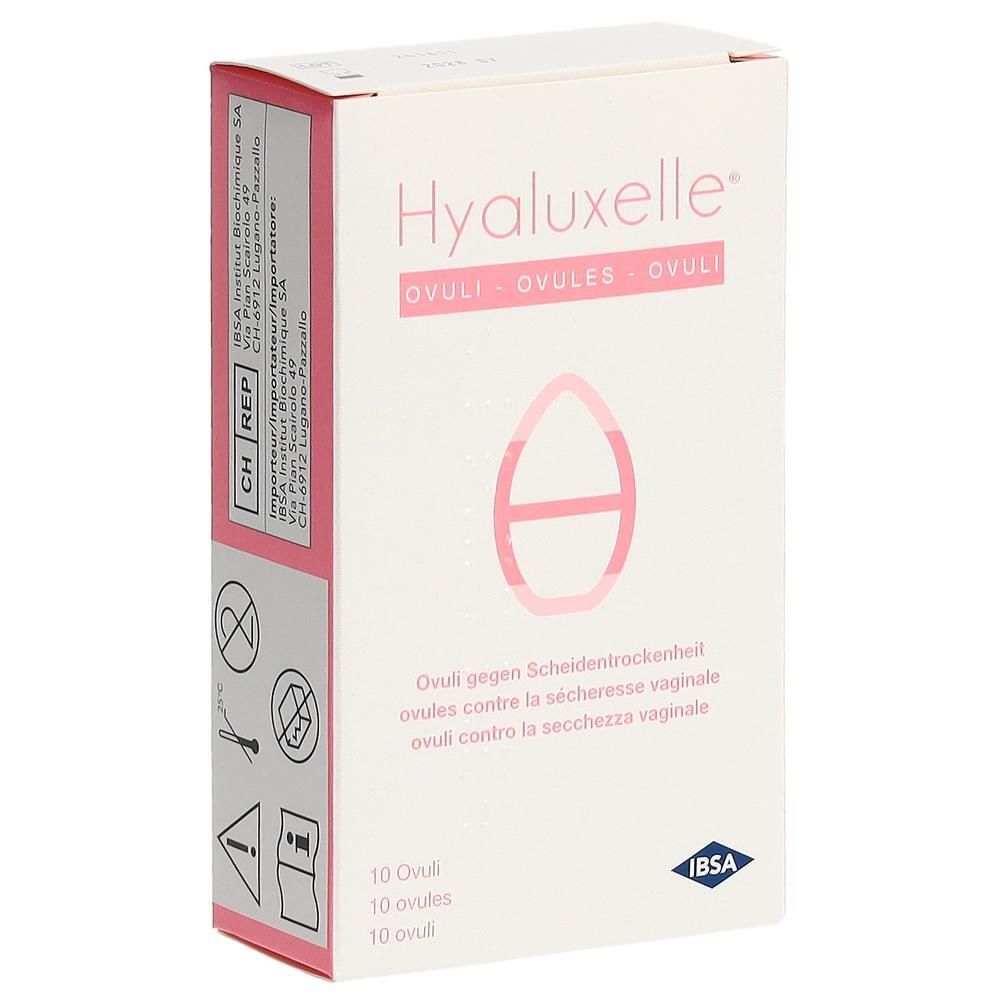 Verpackung von Hyaluxelle Ovuli, 10 Stück. Enthält Symbol für 'nicht wiederverwenden'.