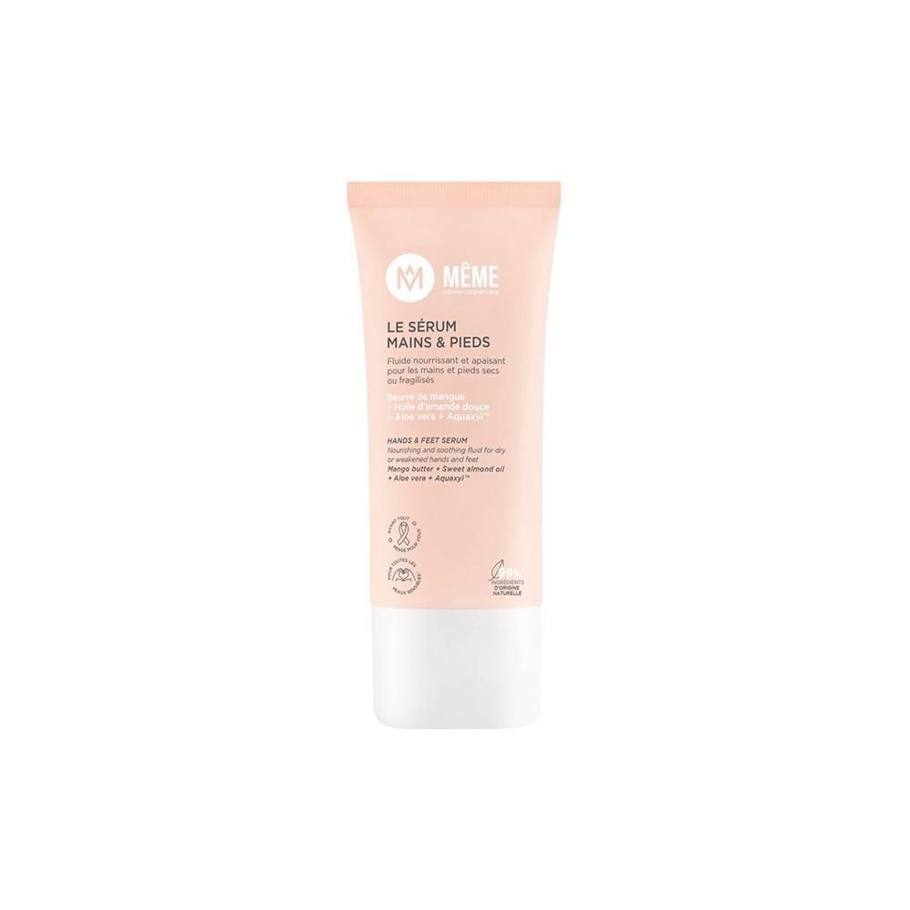Eine Tube MEME Hand- & Fußserum mit weißem Verschluss und rosa Körper. Das Logo und der Produktname sind auf der Vorderseite aufgedruckt.