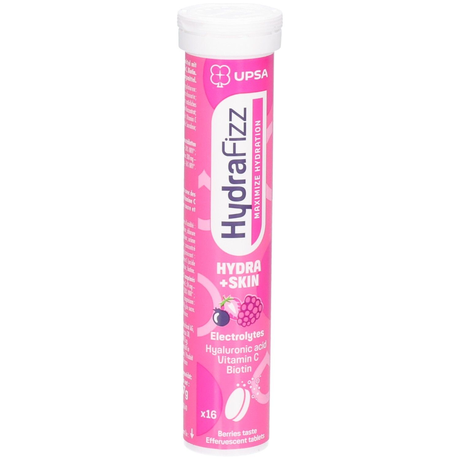 HYDRAFIZZ Brausetabletten-Röhre mit 16 Stück, Beeren-Geschmack. Enthält Elektrolyte, Hyaluronsäure, Vitamin C, Biotin.