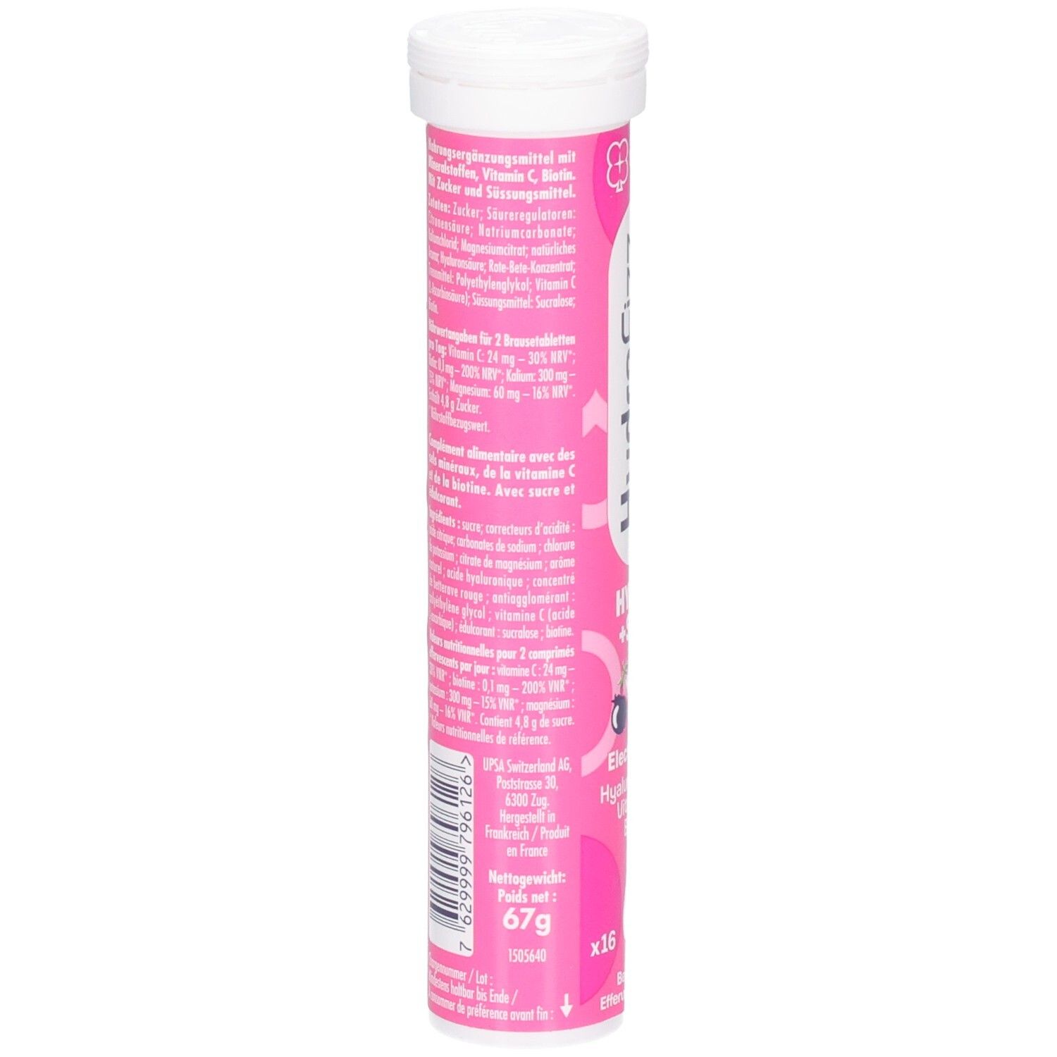 Rückseite der HYDRAFIZZ Brausetabletten-Verpackung mit detaillierten Anwendungshinweisen und Inhaltsstoffen.
