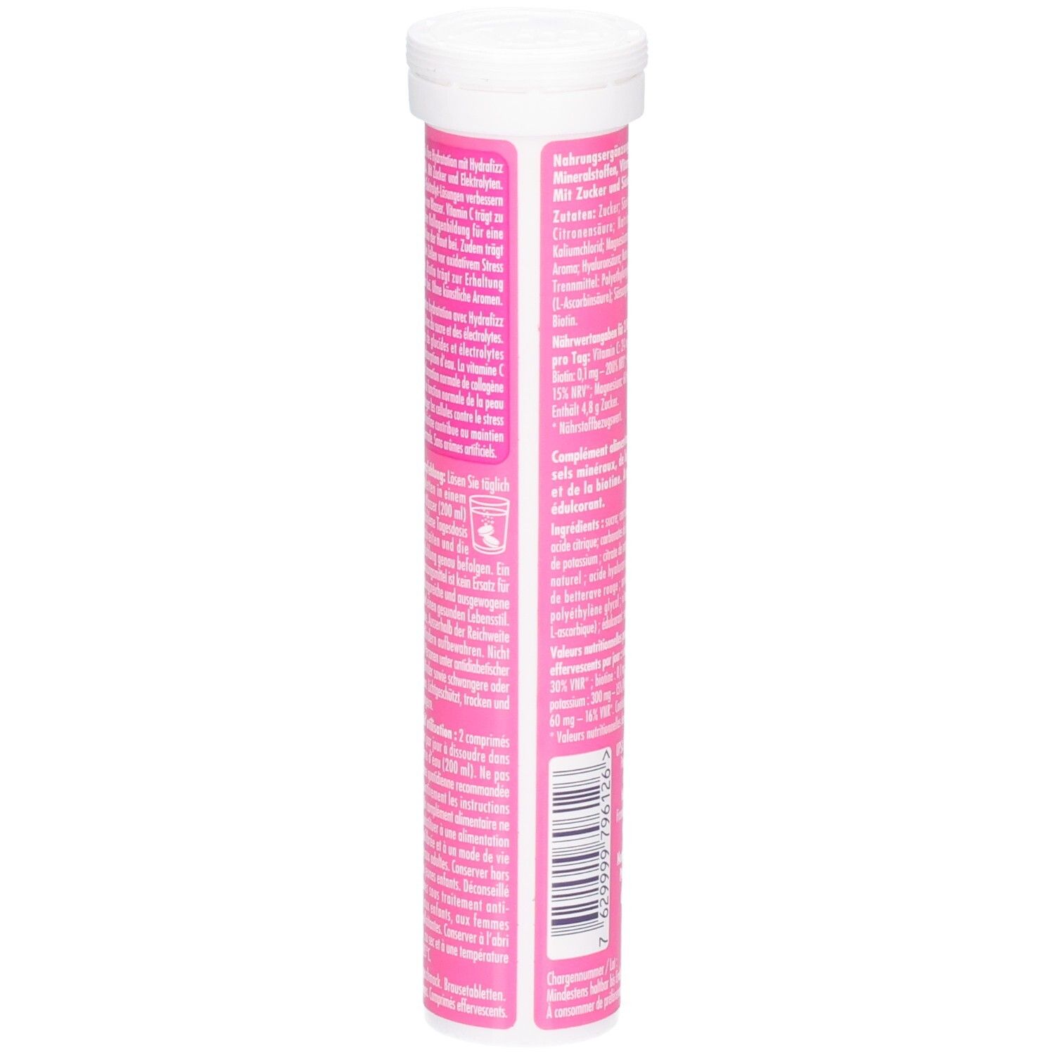 Seite der HYDRAFIZZ Brausetabletten-Verpackung mit detaillierten Anwendungshinweisen und Inhaltsstoffen.