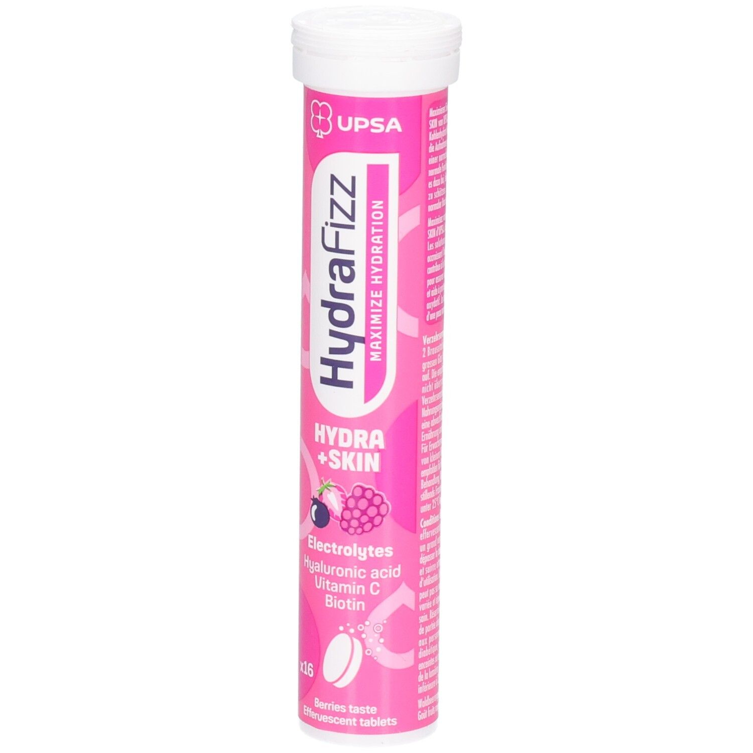HYDRAFIZZ Brausetabletten-Röhre mit 16 Stück, Beeren-Geschmack. Enthält Elektrolyte, Hyaluronsäure, Vitamin C, Biotin.