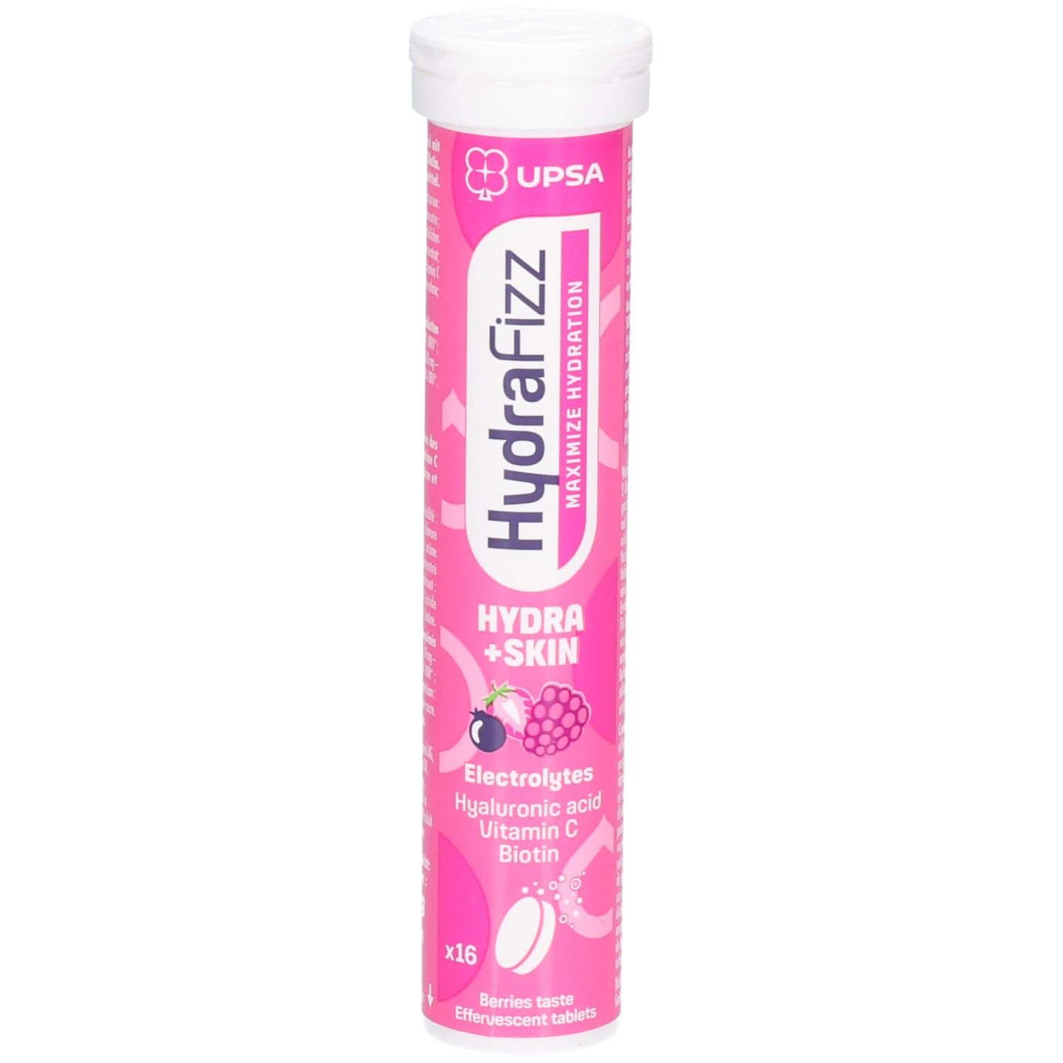 HYDRAFIZZ Brausetabletten-Röhre mit 16 Stück, Beeren-Geschmack. Enthält Elektrolyte, Hyaluronsäure, Vitamin C, Biotin.