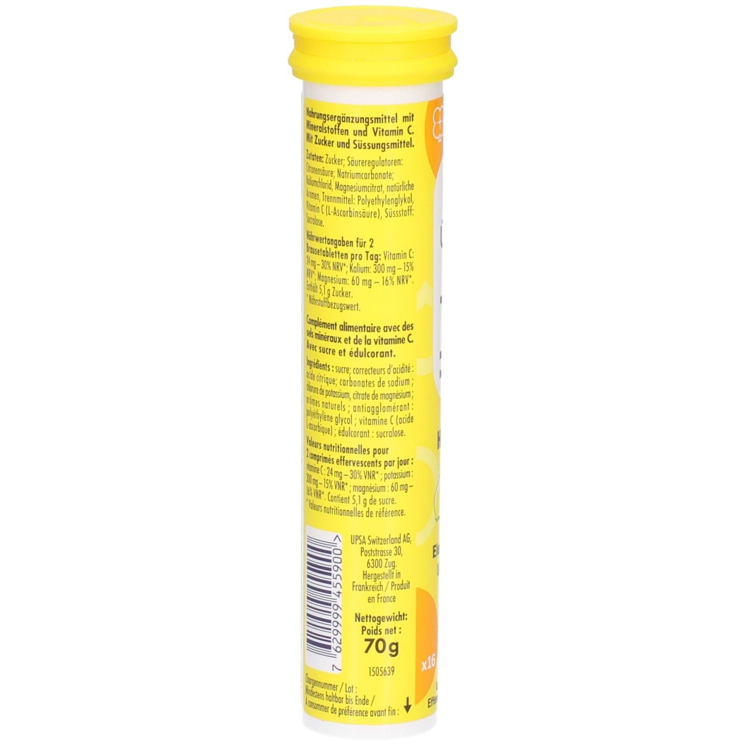 Rückseite der HydraFizz Brausetabletten-Verpackung mit Zutatenliste.