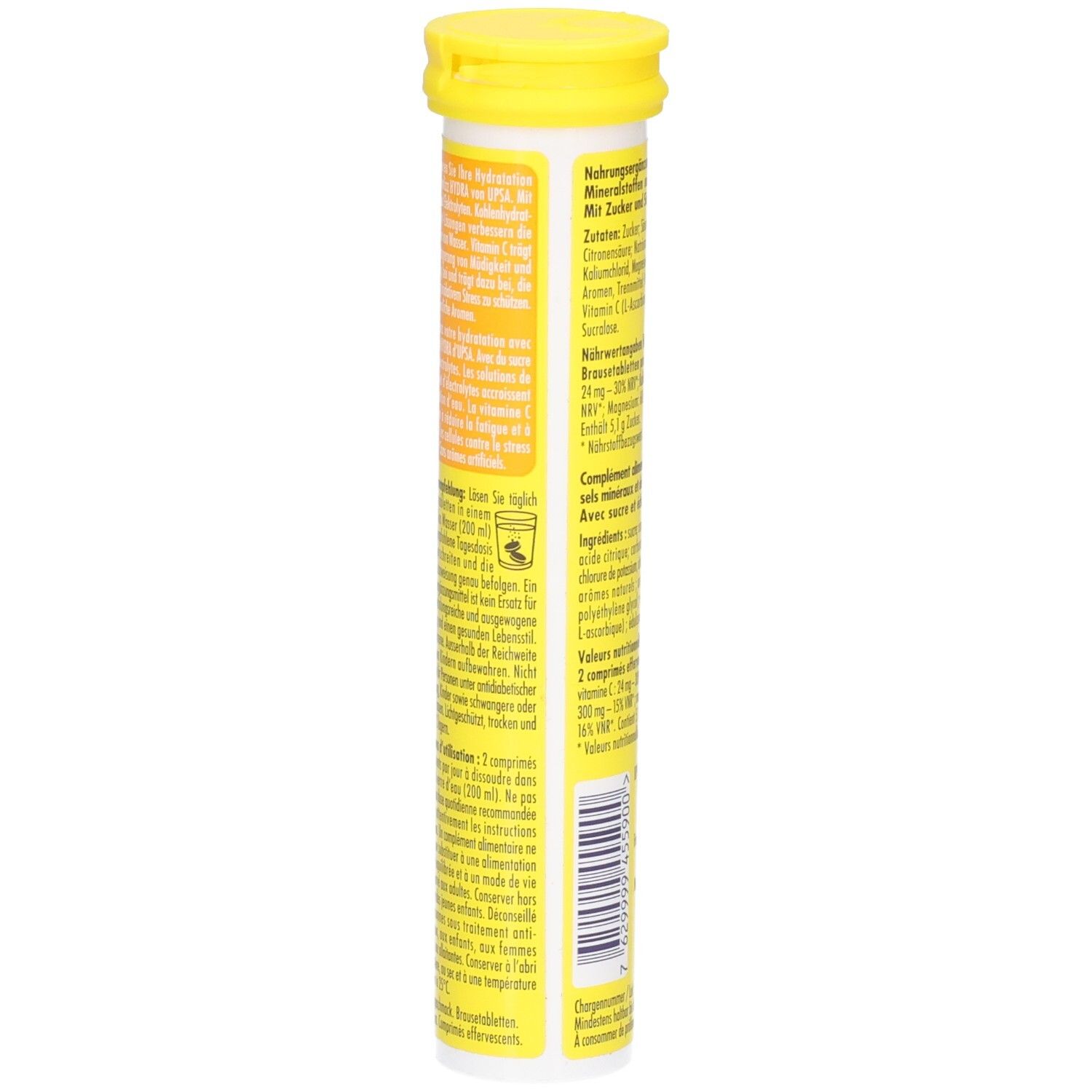Seitenansicht der HydraFizz Brausetabletten-Verpackung mit Anwendungshinweisen.